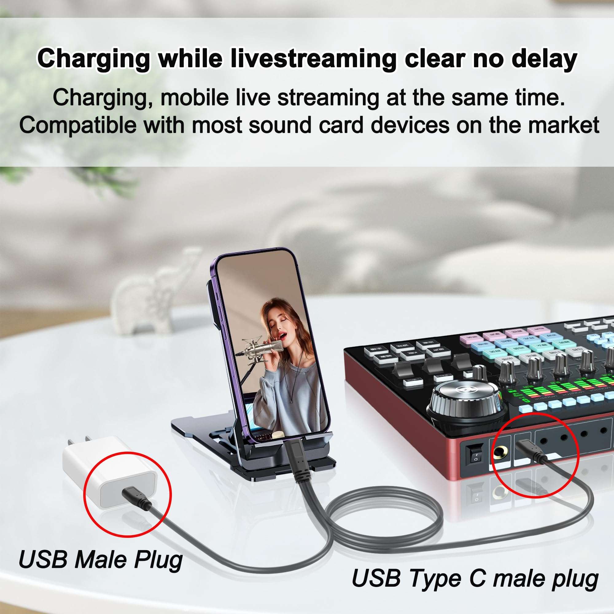 JSADZKJ USB C to USB+USB C Splitter Charger Cable,Type-C to USB Sound Card Splitter Cable 2-in-1 USB C Male OTG Cable, Support Phone,Sound Card,Microphone,for Live Streaming,Karaoke 3.28Ft 5