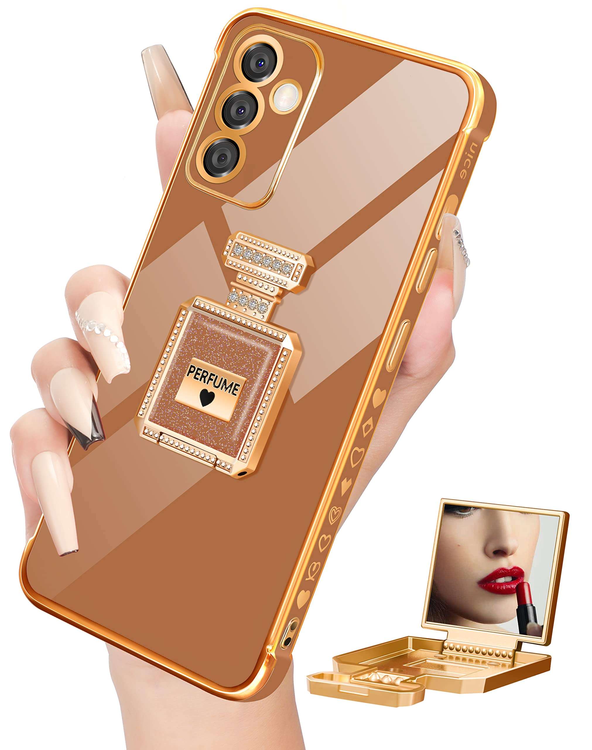 Buleens for Galaxy A13 5G Case with Metal Perfume Bottle Mirror Stand, Cute Women Girly Heart Cases for Samsung Galaxy A13 5G Case, Elegant Luxury Phone Cover for Samsung A13 5G Case 6.5'' Brown 1