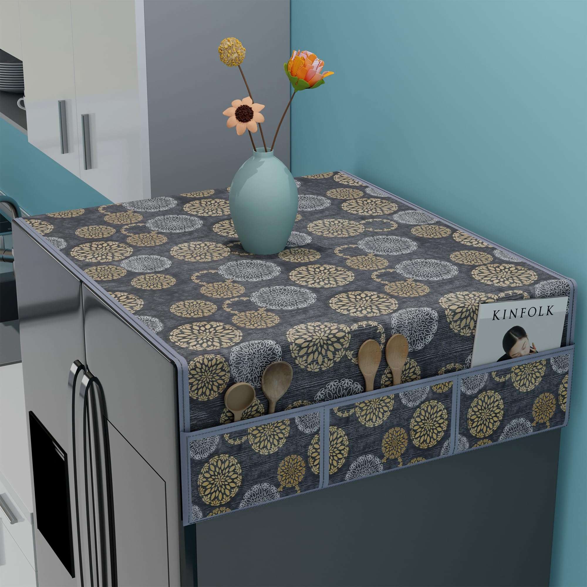 Kuber Industries Combo of 2 Wipeable & Dustproof XL Size Double Door Fridge Top Cover With Handle Cover | Easy To Clean Refrigerator Cover for Home | Rangoli Print- Black 3