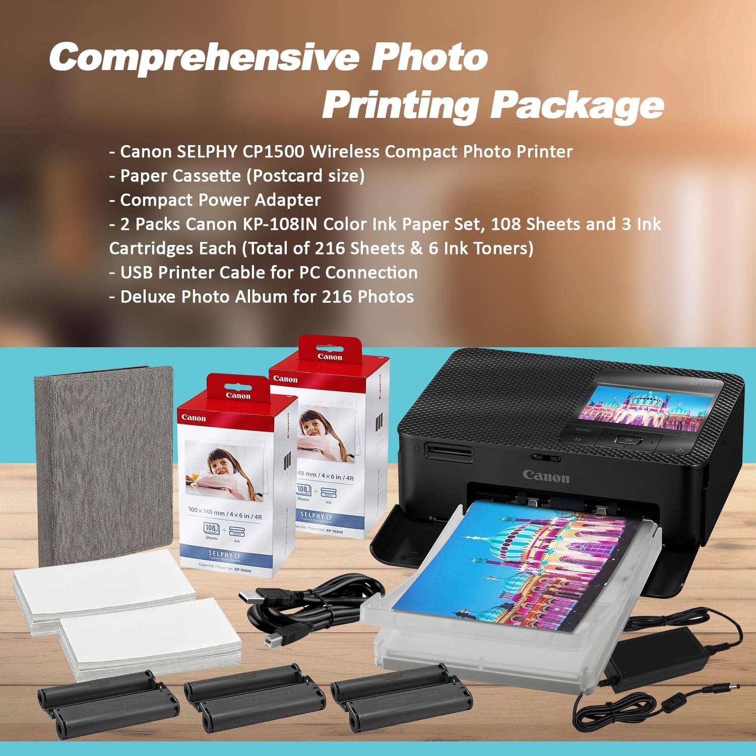 Canon Selphy CP1500 Wireless Compact Photo Printer (Black) with 2-Pack KP-108IN Color Ink Paper Set (216 Sheets of 4x6 Paper + 6 Ink Cartridges), Power Adapter & Deluxe Album 2
