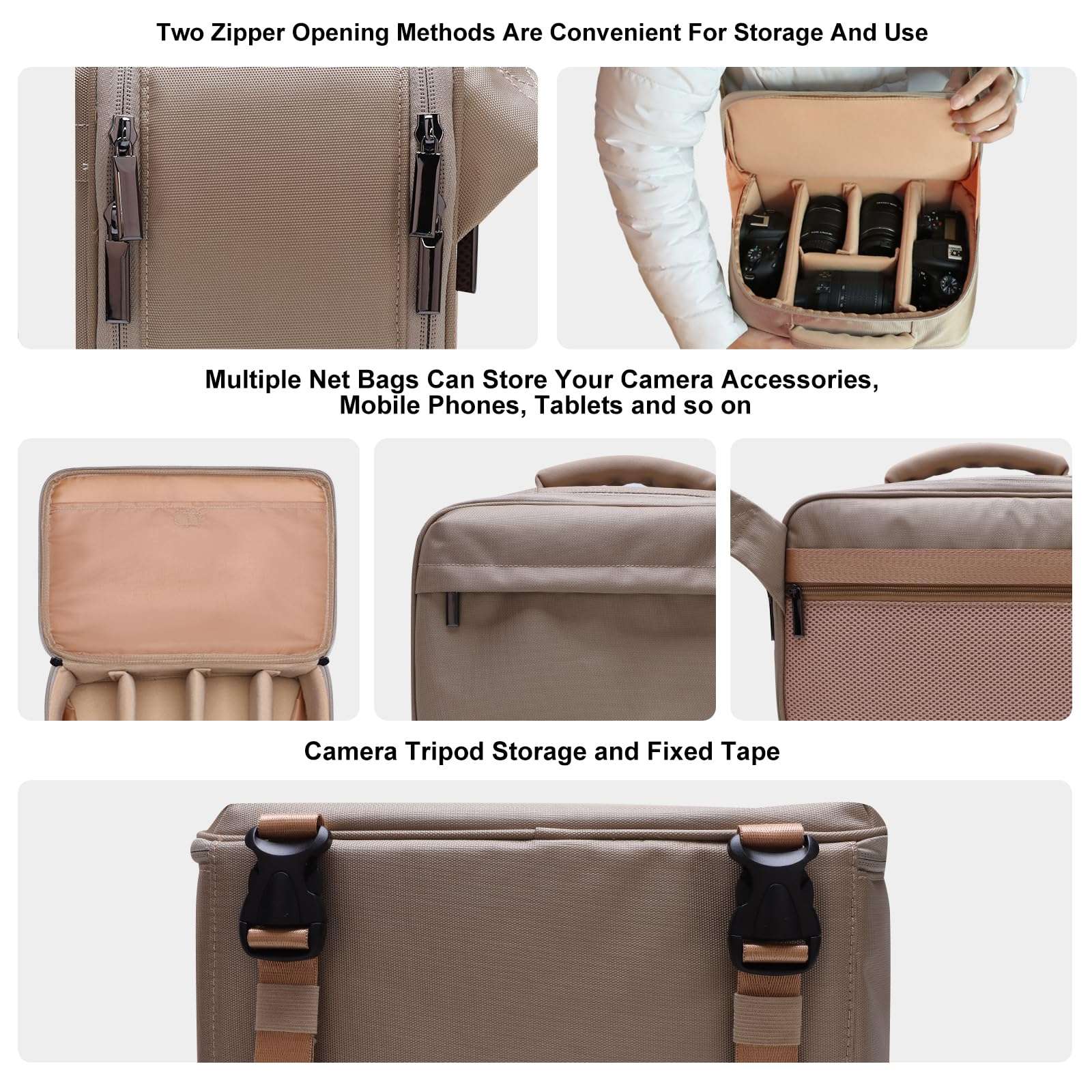 LTGEM Camera Bag Compatible with Canon/Sony/Nikon DSLR Camera, Camera Sling Bag Double-sided Opening for Travel, with Tripod Strap, Shoulder Strap and 6 Divider(Gray) 4