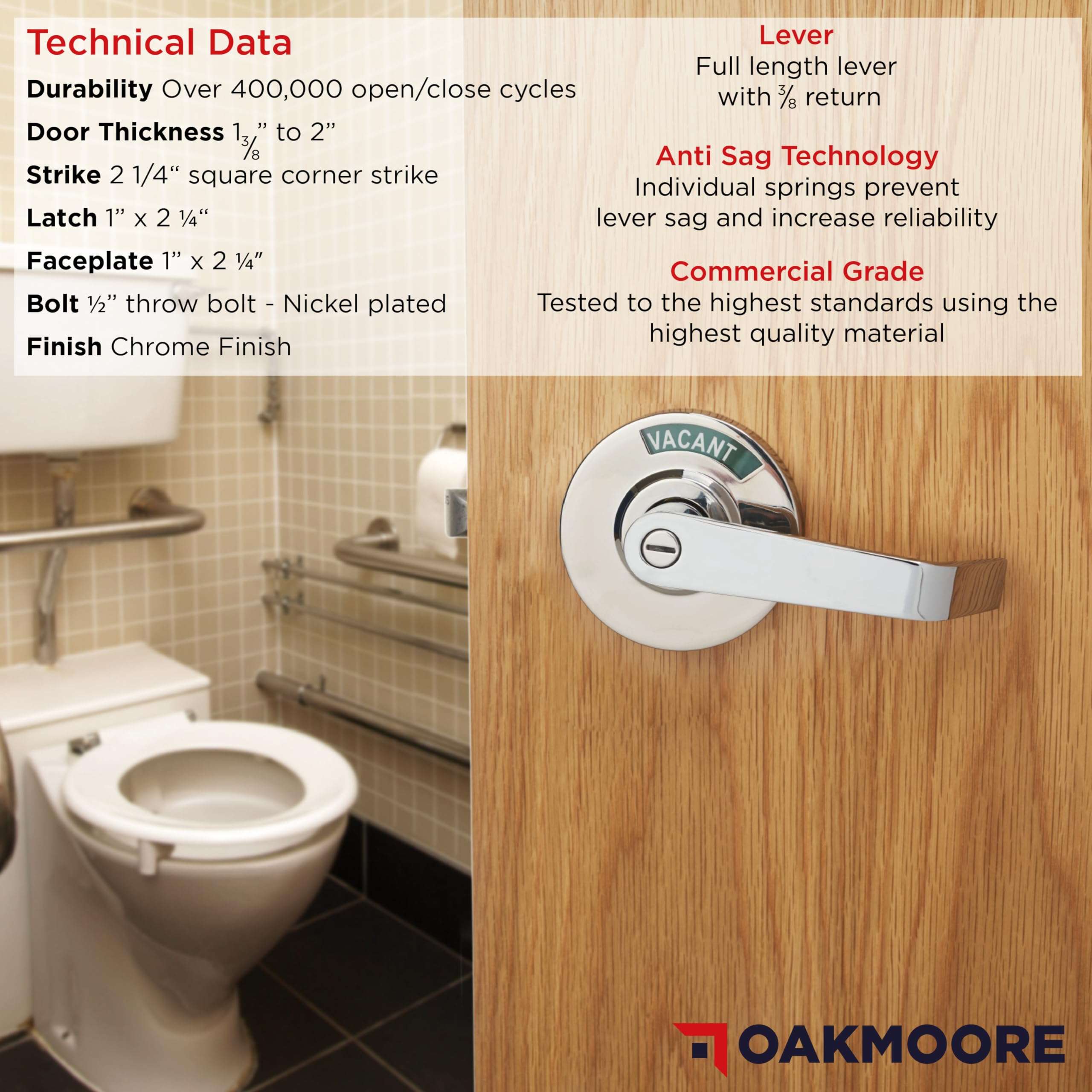 OAKMOORE Commercial Grade Bathroom Door Lock Handle with Occupancy Indicator in Chrome Finish - See Occupied, Vacancy, or Engaged Status on Public Restrooms and Bathroom Locks - 2-Year Warranty 5