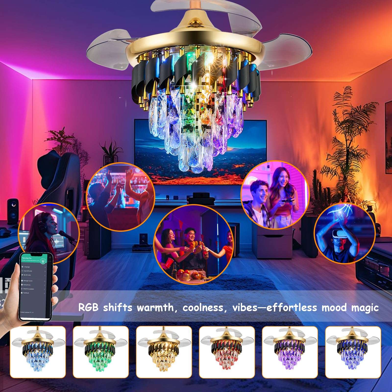 LumZeylith 30" Retractable Crystal Ceiling Fan with Light, RGB Modern Chandelier Fan 6 Speeds Reversible Blades Gold 4