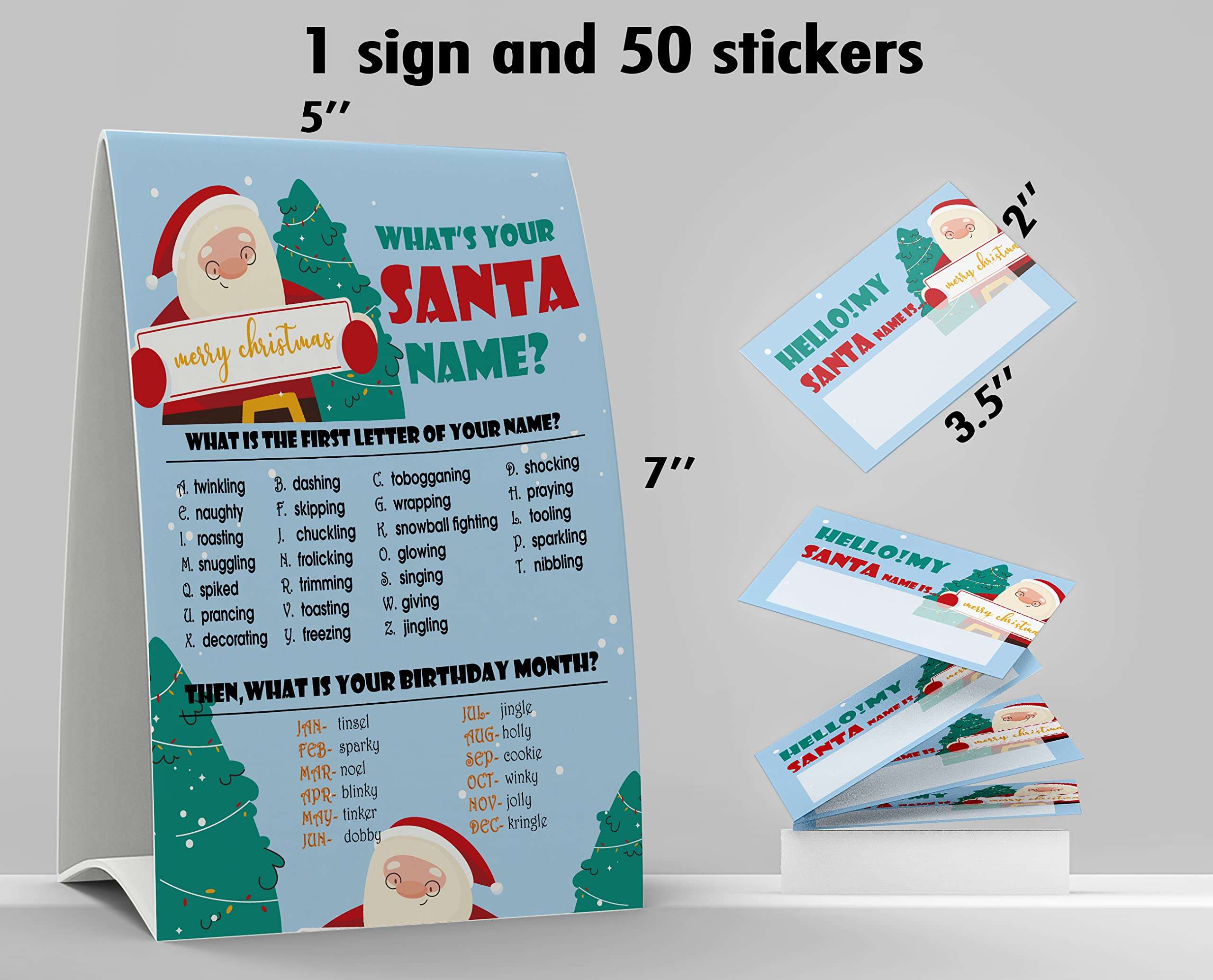 What's Your Santa Name Game, 1 Santa Theme Sign and 50 Name Tag Stickers, Christmas Party Games, Birthday Game for Kids and Adult Parties, Activity Game for Office or Class | JRKP051L 3