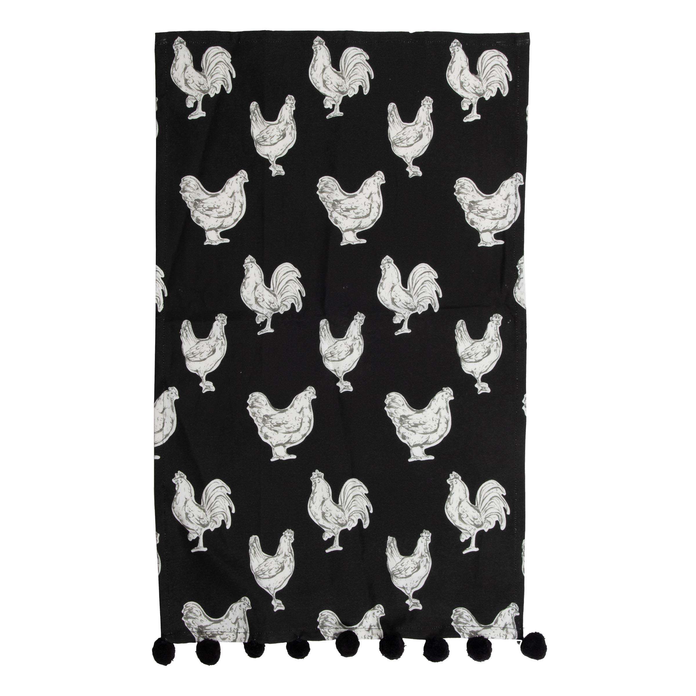 Foreside Home & Garden Black Tea Towel Chicken Pattern 27 x 18 Inch Woven Kitchen Hand Sewn Poms 3