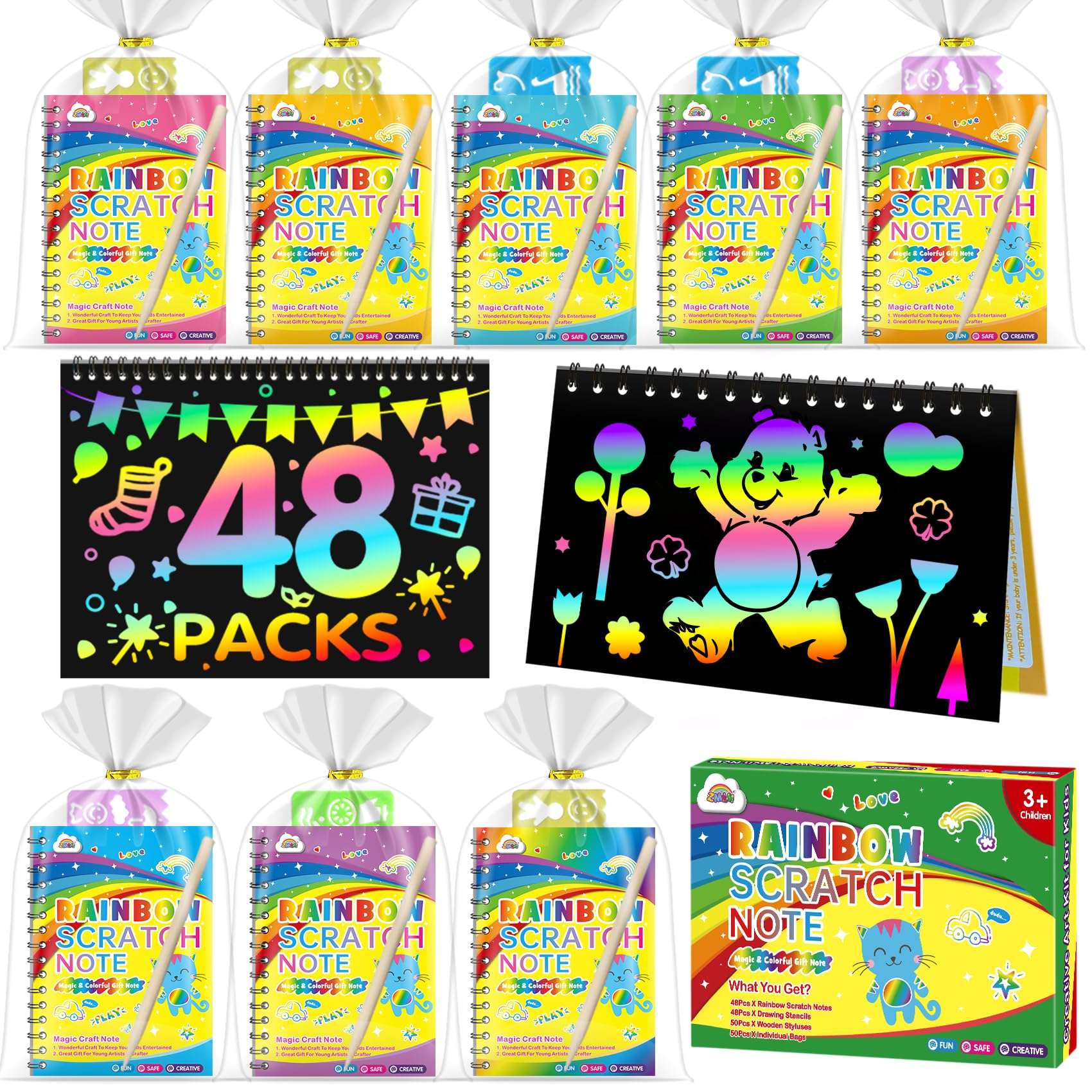 ZMLM Rainbow Scratch Party Favors Kids: Birthday Gifts Toy Bulk Scratch Art Notebook 48 Pack Scratch Paper Birthday Party Favor Girls Boys Art Craft Kit Scratch Pads Classroom Prizes 1