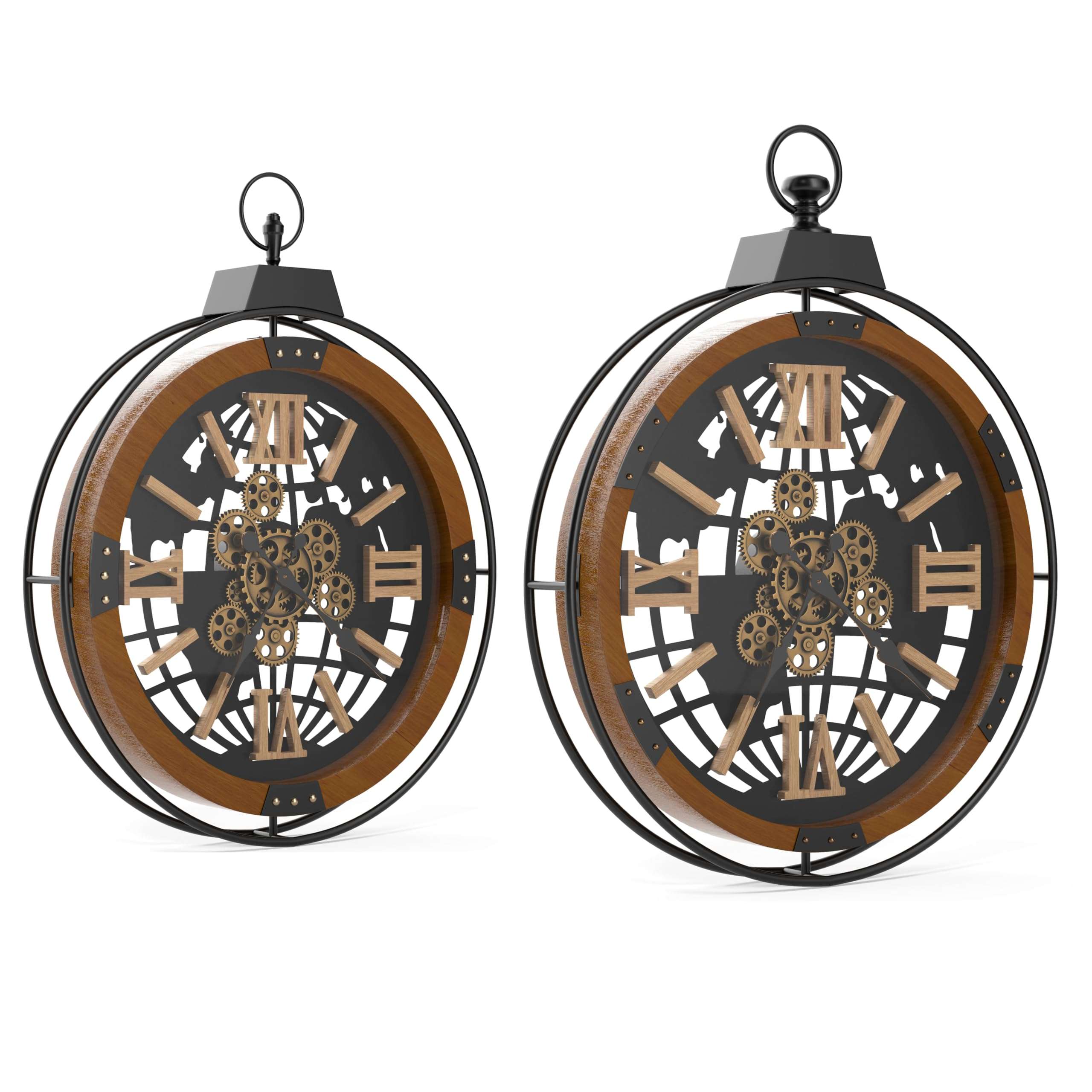 Driini Large Rustic Farmhouse Gear Clock with Moving Gears (Walnut). 24'' and 30'' Bundle