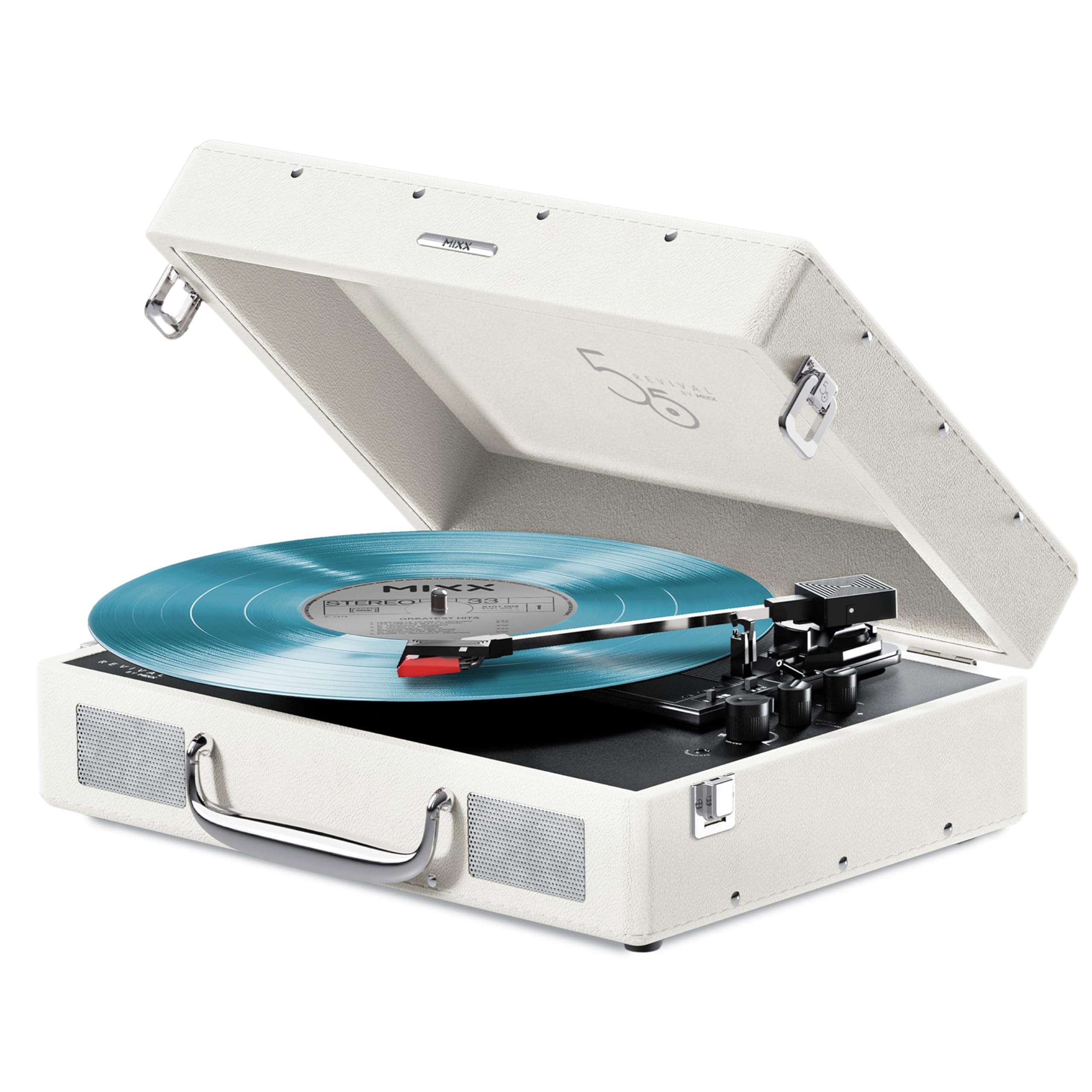 Mixx Revival 55 Portable Suitcase Vinyl Record Player with Built-in Stereo Speakers, Bluetooth Input & Output, 33 1/3 & 45 RPM Speeds with Adapter, Retro Style, AC Adapter 1