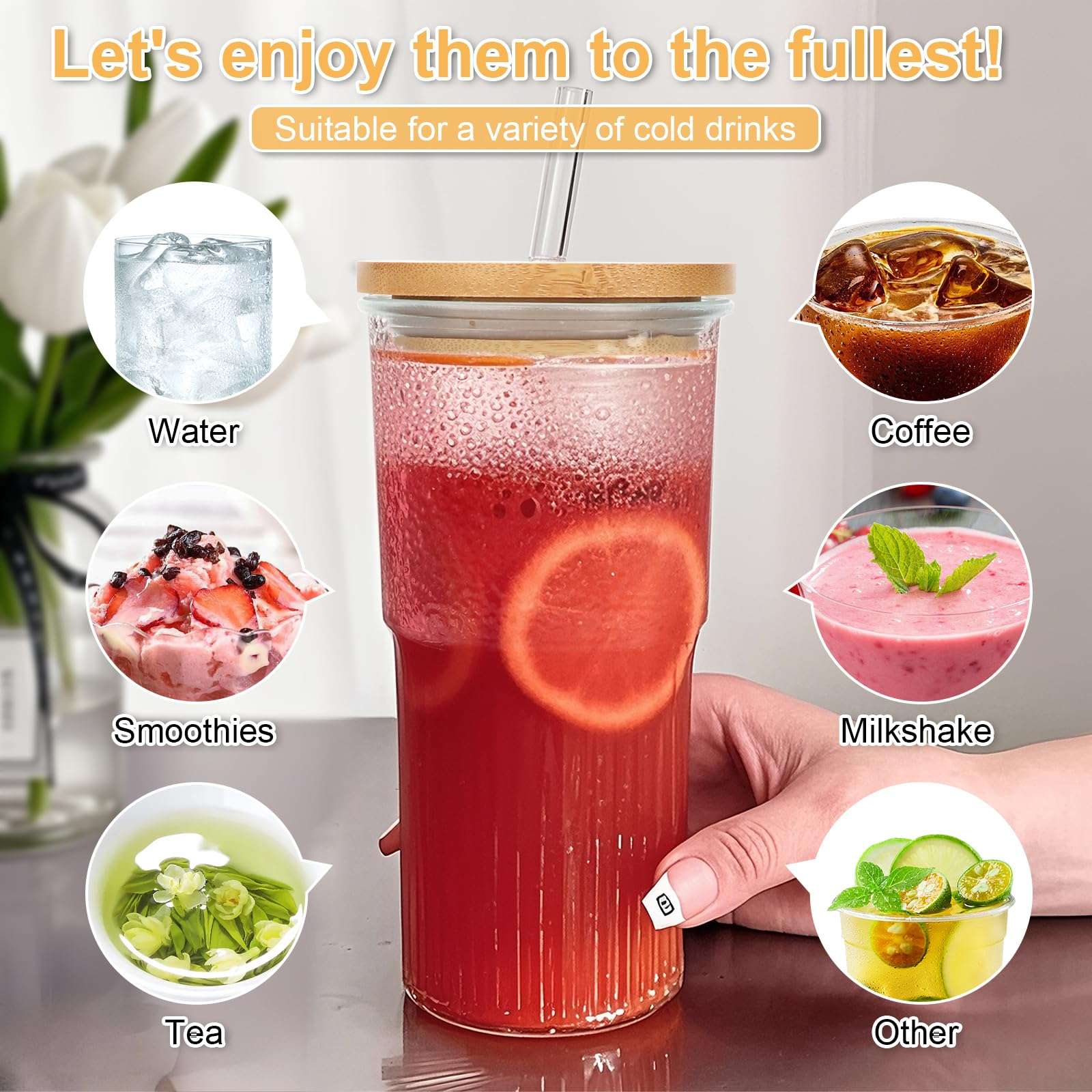 VVXAMI 2 Pcs Glasses Drinking Set - 25oz Glass Cups With Lids And Straws,Glass With Lids,Glasses Drinking Set,Smoothie With Lids And Straws,Iced Coffee Cup,Boba Cups,Gift 3