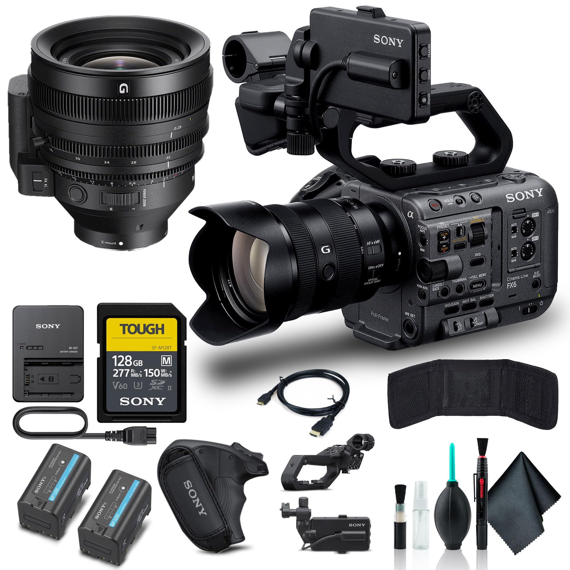 Sony FX6 Digital Cinema Camera Kit with 24-105mm Lens ILME-FX6VK, FE C 16-35mm T3.1 G Lens, 128GB Tough Memory Card, BP-U35 Battery, Pro Case, Deluxe Cleaning Set, HDMI Cable, and More