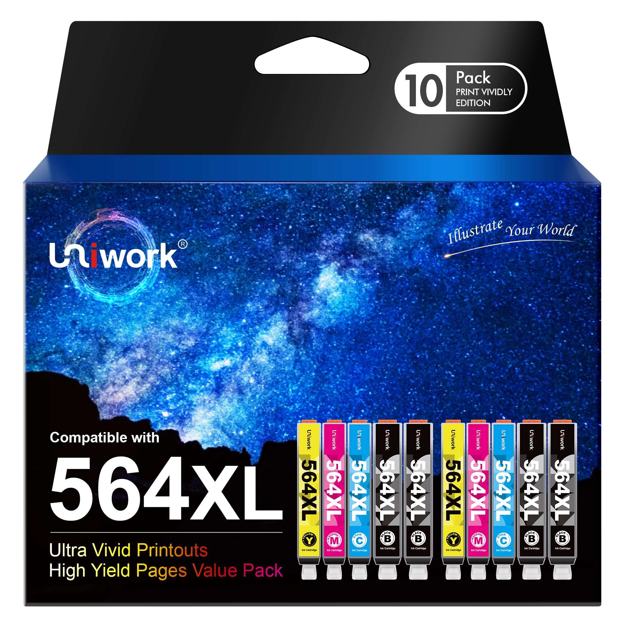 Uniwork Compatible Ink Cartridge Replacement for HP 564 564XL Replacement for Photosmart 6520 5520 4620 5510 C410a 6525 5514 OfficeJet 7510 4620 DeskJet 3522 Printer Tray (4BK/2C/2M/2Y) 10 Pack 1