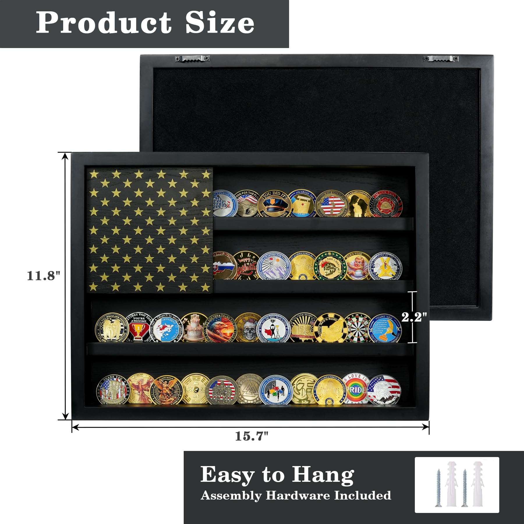 ASmileIndeep Challenge Coin Display Case, 4 Rows Military Coin Holder Display with 2 Groove Shelves Holds 64-73 Coins, Wooden Wall Mounted Coin Display Stand With Magnetic American Flag, Black 4