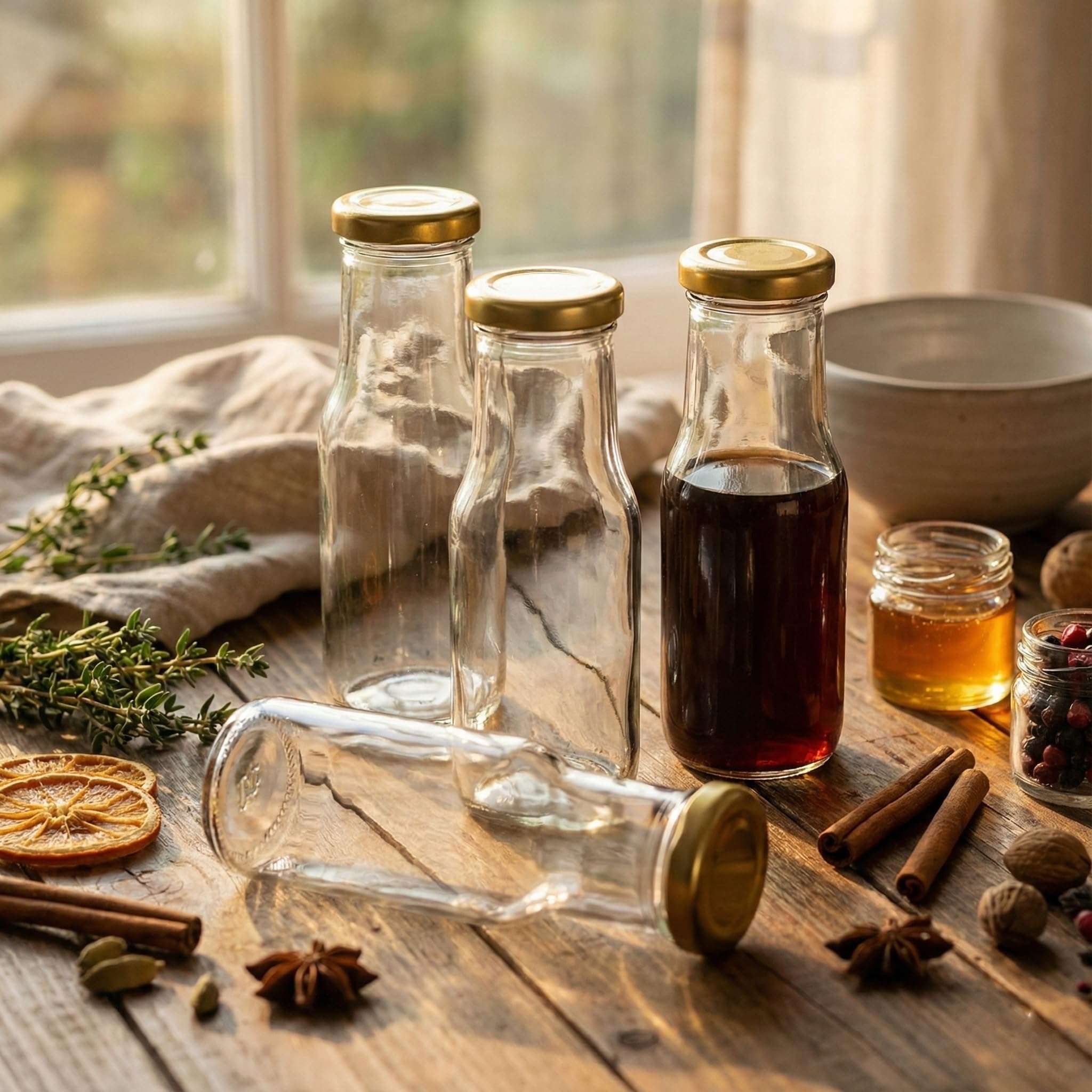 QLYSS Clear Glass Milk, Water and Juice Bottle With Airtight Cap - 200 Ml (Set of 6 Pieces) Transparent 6