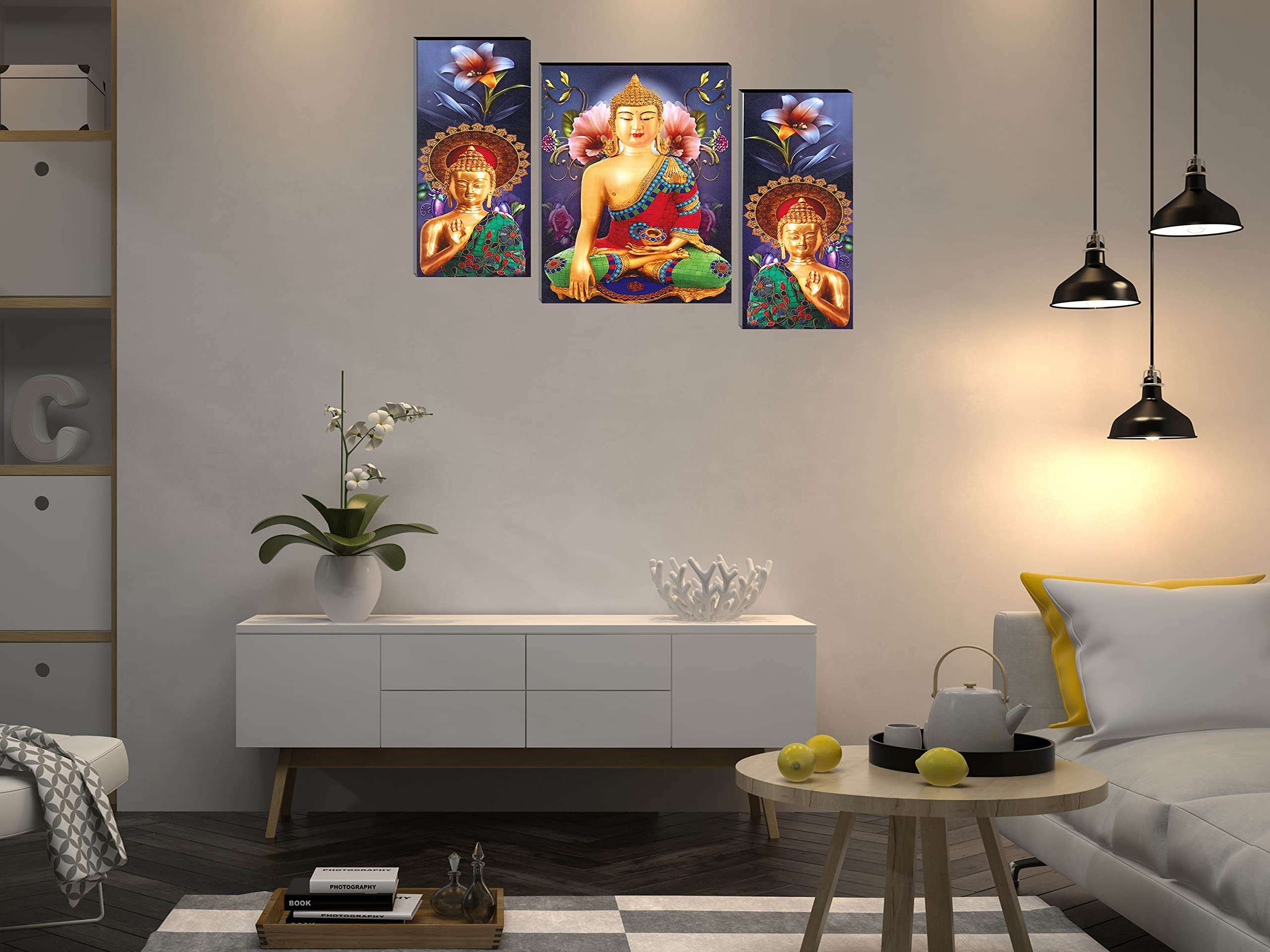 Indianara Set of 3 Gowthama Buddha Art MDF Art Painting (4100FL) without glass 4.5 X 12, 9 X 12, 4.5 X 12 Inch (Multicolor) 4