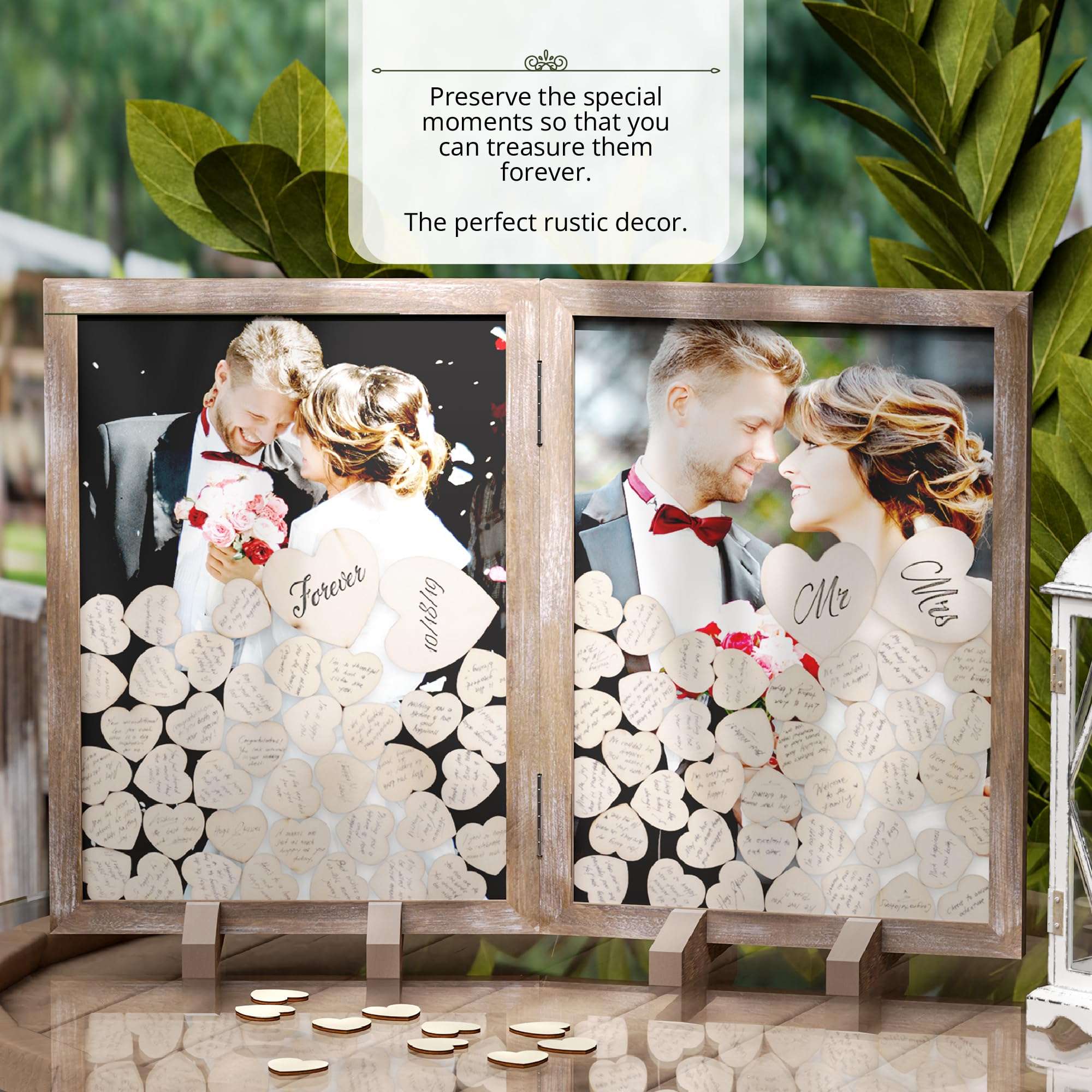GLM Wedding Guest Book Alternative Drop Top Frame with Display Stand, 160 Wooden Hearts, 4 Large Hearts, and Sign Alternative Guest Book Set Shadow Box for Wedding, Baby Shower, Anniversary (Brown) 4