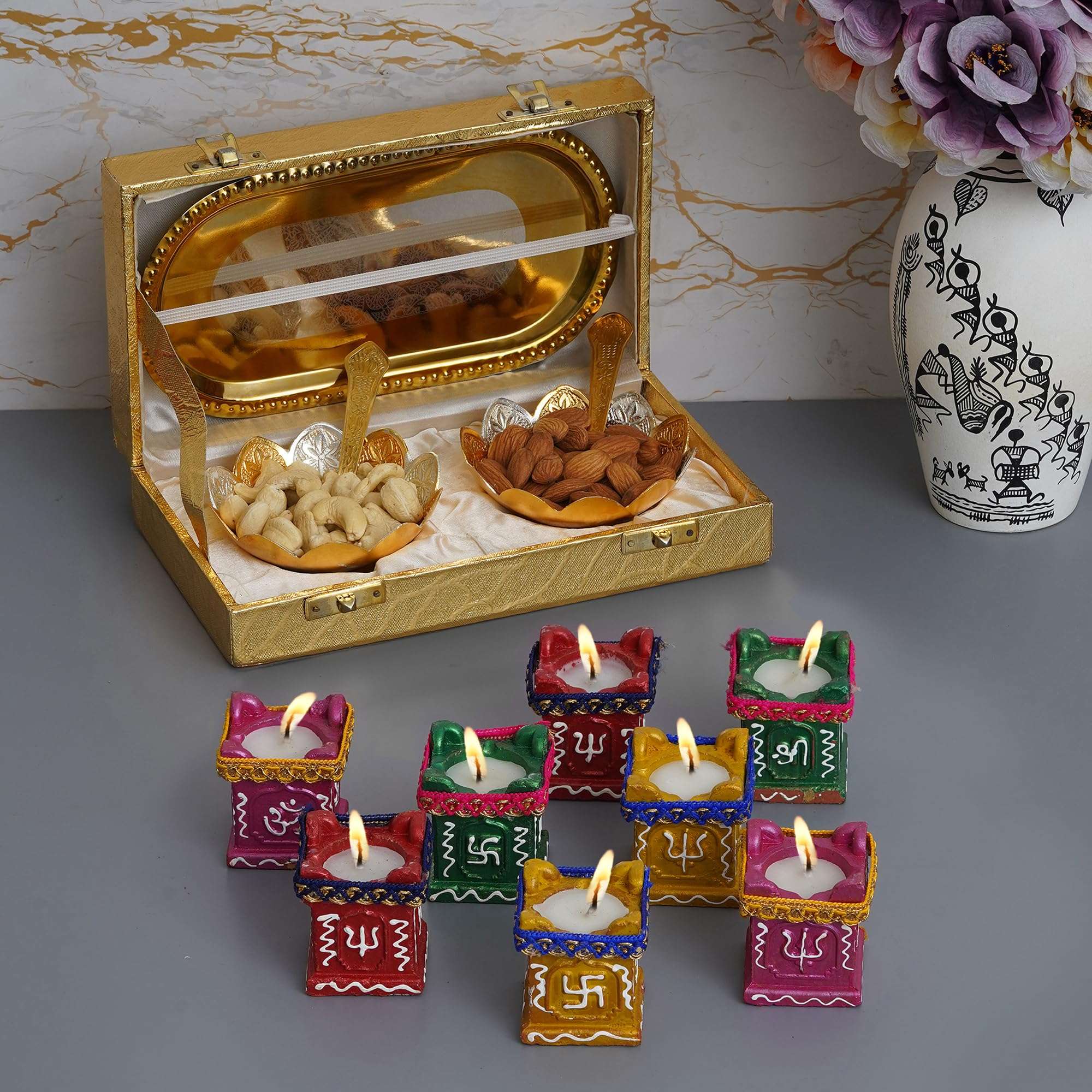 KUSHAL CREATIONS Silver Plated Festival Gift Silver Plated Brass Bowls Set of 5 Pcs. Golden Box Dinner Set with Tulsi Diya Set of 8 Pcs.