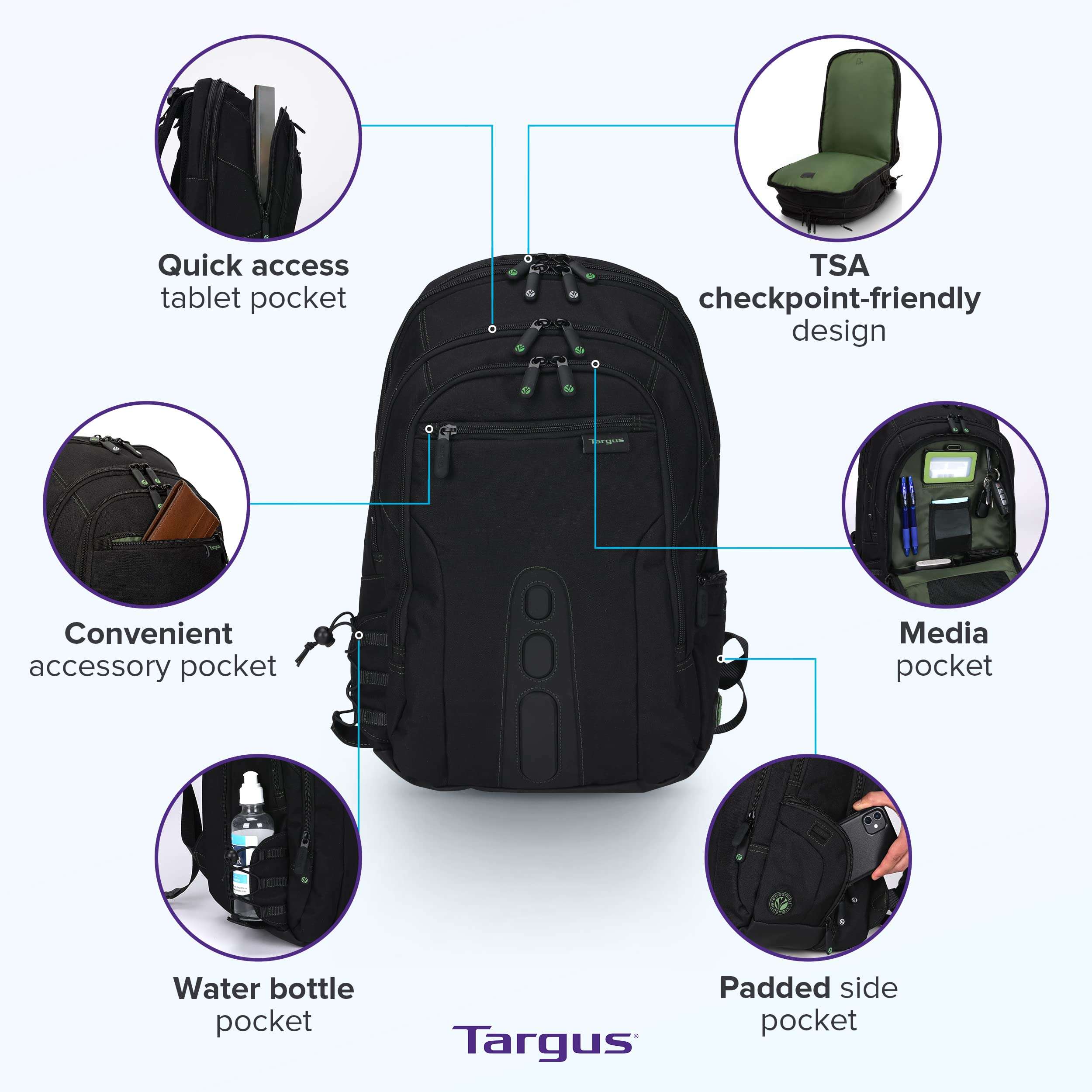 Targus Spruce EcoSmart Travel Laptop Backpack for 17 inch Laptops, TSA-Friendly Carry On Backpack Laptop Bag for Work and Travel, Black (TBB019US) 4