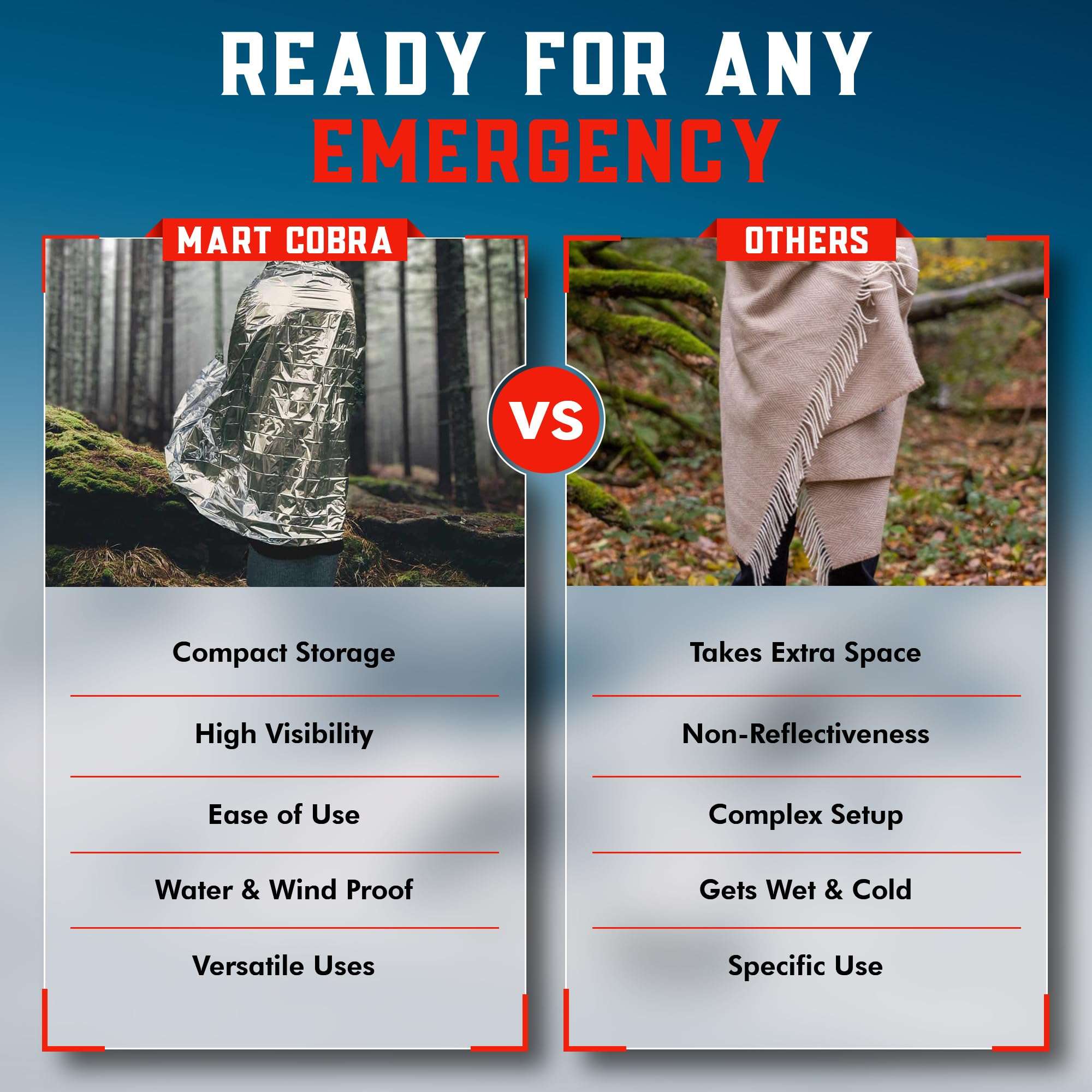 Mart Cobra Emergency Blanket 4-Pack Space Mylar Blankets Survival Gear and Supplies Reusable Thermal Camping Essentials First Aid Car Emergency Kit Prepper Bug Out Bag Foil Warm Cat Cold Snow Winter 5