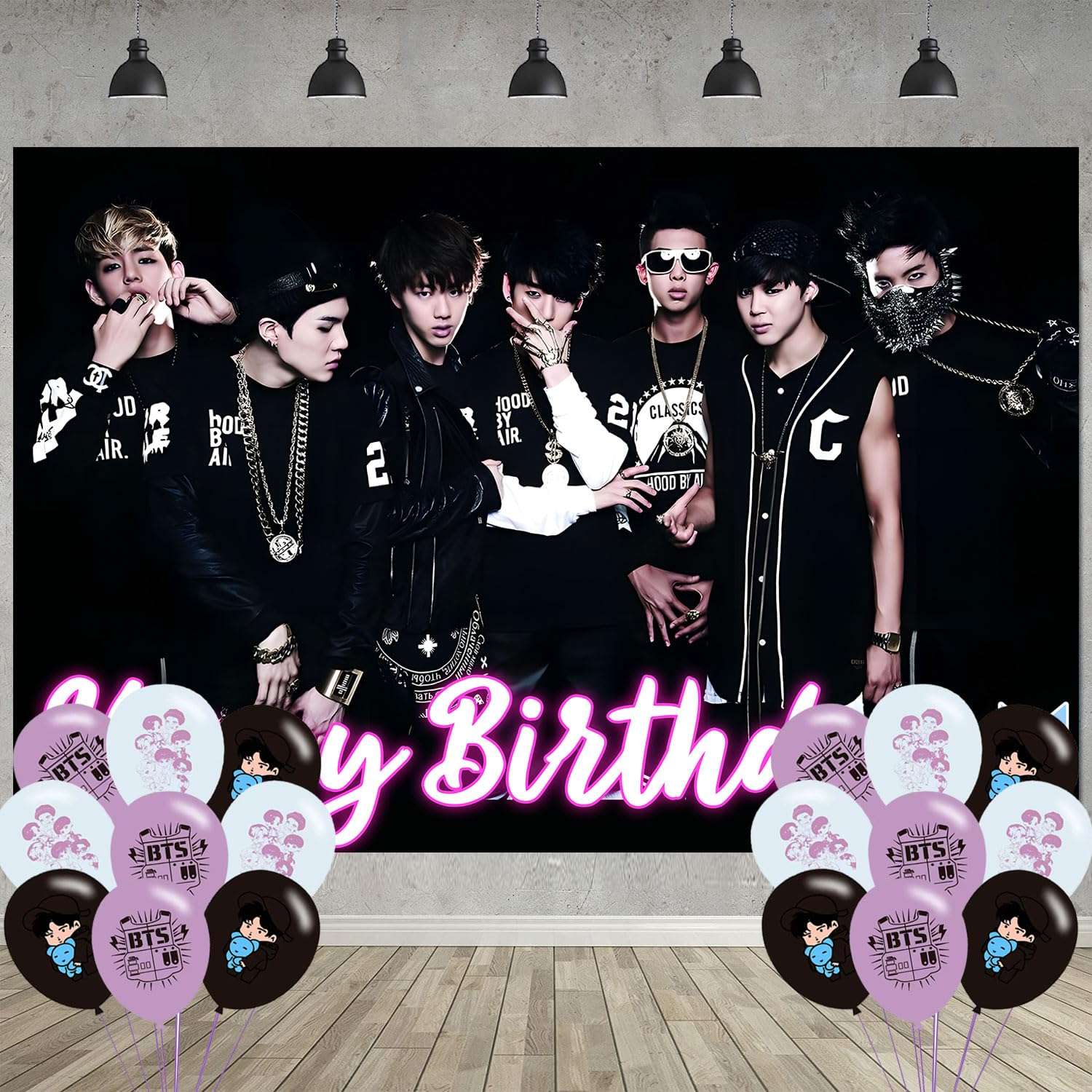 Bangtan Boys Birthday Party Decoration,Boy Band Party Photo Background 5 x 3 FT and 18 Pcs Balloon,Merch Party Backdrop Supplies 1