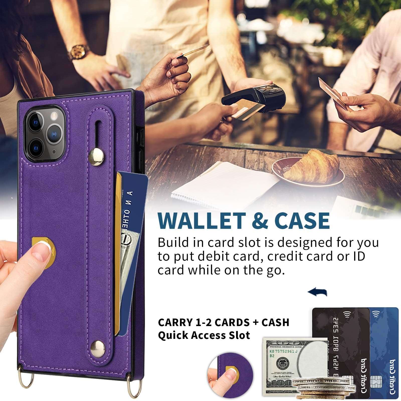 CASEOWL iPhone 11 Pro Max Case Wallet Crossbody Case with Hand Strap, Card Holder, Kickstand, Adjustable Removable Shoulder Strap Leather Protective Square Case Compatible for iPhone 11 Pro Max,Purple 5