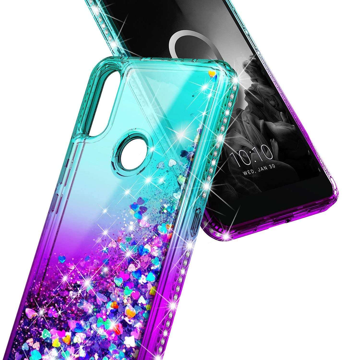 E-Began Case for Alcatel 3V (5032W) with Tempered Glass Screen Protector (Full Coverage), Glitter Liquid Floating Gradient Sparkling Bling Diamond, Durable Girls Women Cute Case -Aqua/Purple 5