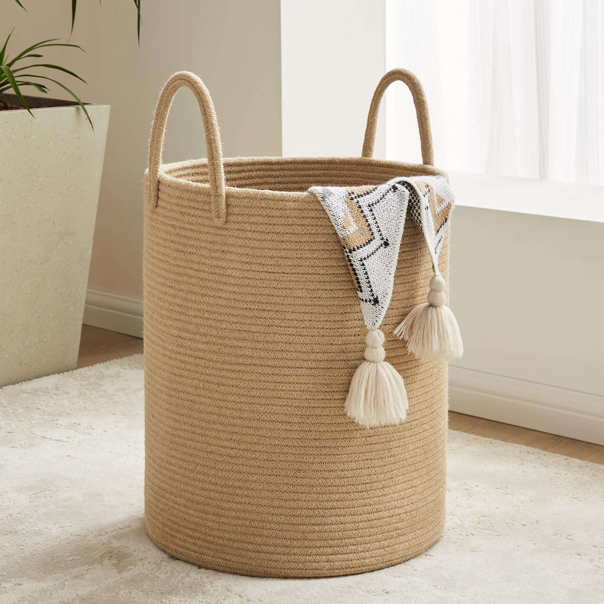 YOUDENOVA Cotton Laundry Hamper, 72L - Woven Collapsible Basket - Jute Brown 1