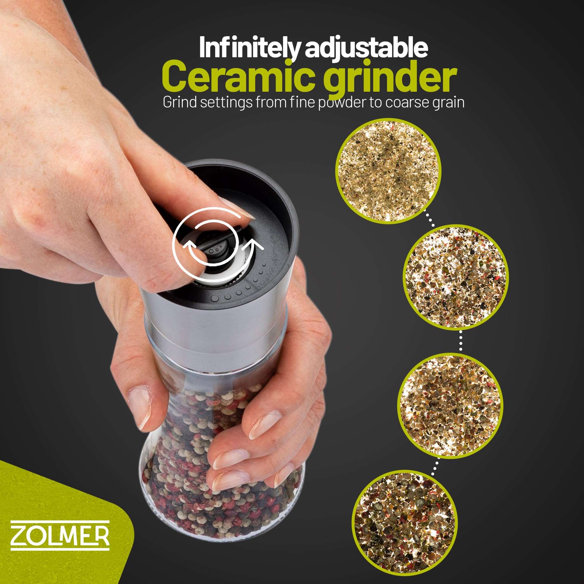 ZOLMER® Spice mill set of 2 with adjustable ceramic grinder - Noble salt mill & pepper mill made of stainless steel - Also as a chili mill [without spice content] 4
