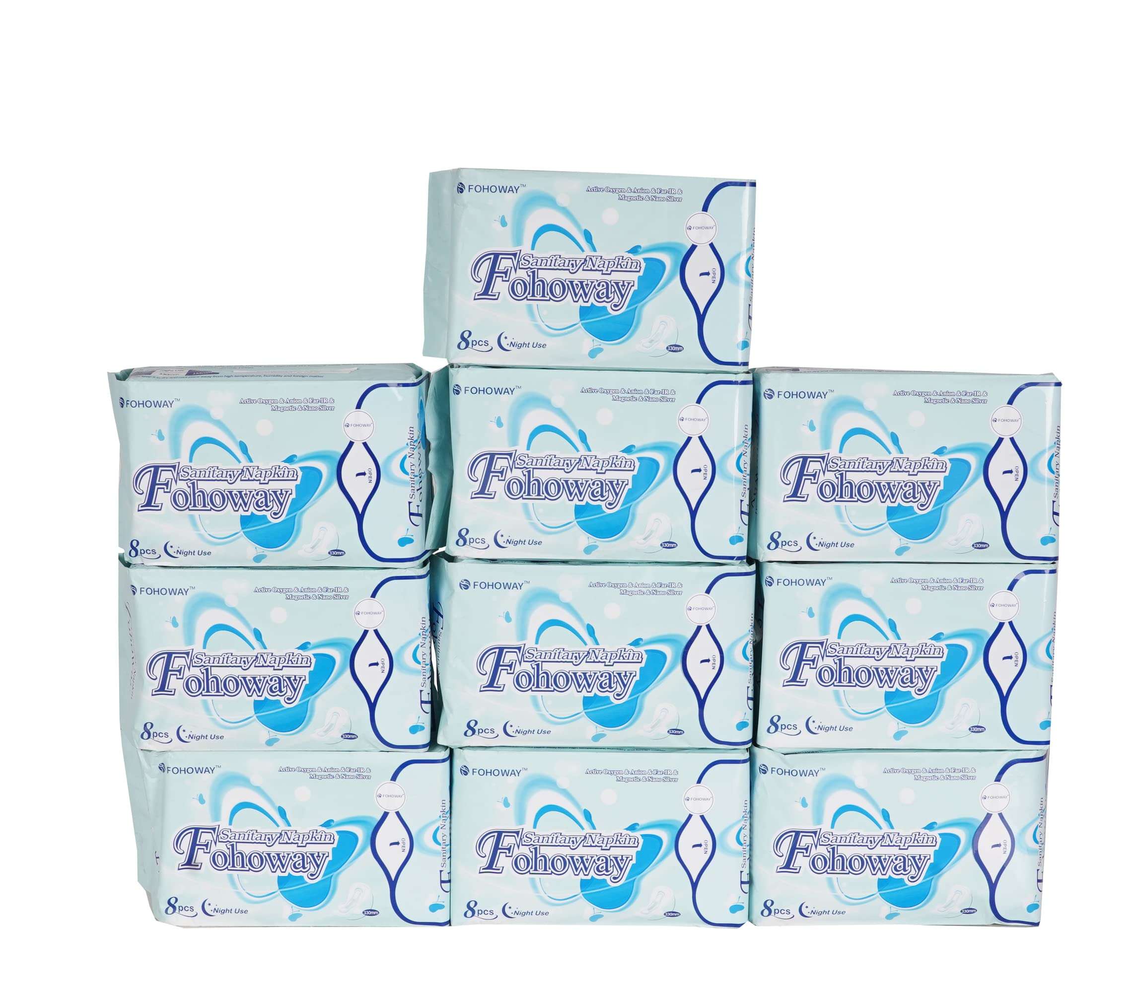 FOHOWAY Active oxygen & Anion & far IR & Magnetic & Nano Silver Night Use (8Pcs) (Pack of 10) Sanitary Pad 1