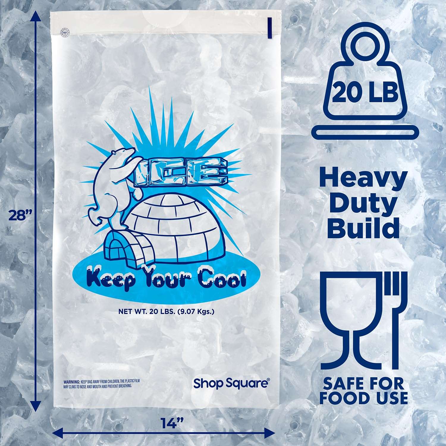 Ice Bags 20 lb with Drawstring - 100 Pack Ice Bags for Ice Machine, Heavy-Duty Reusable Ice Cube Bags, Plastic Bags for Ice, Ice Storage Bags for Freezers 3