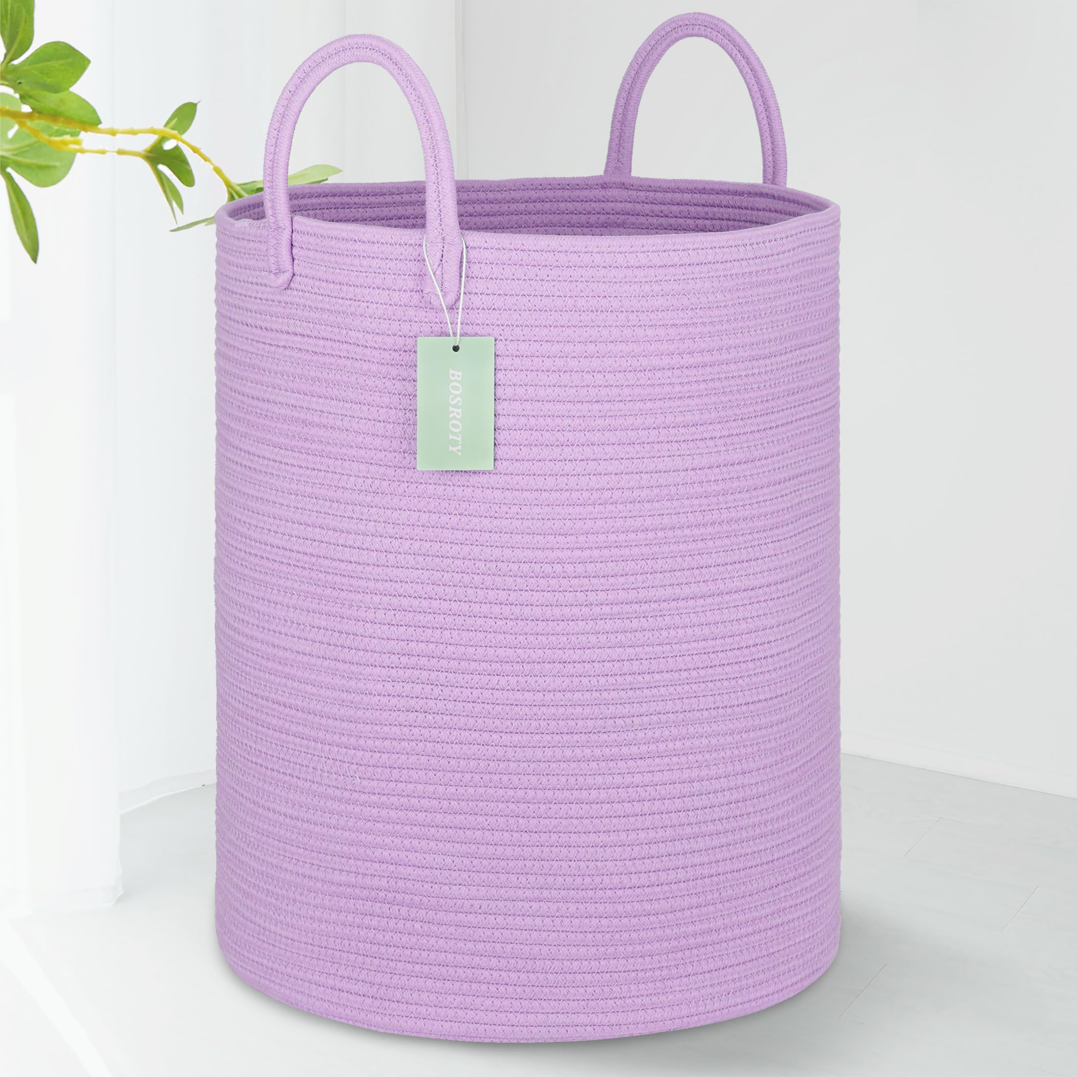 BOSROTY Large Cotton Rope Laundry Hamper 65L, Baby Nursery Hamper Bin with Handles, Woven Storage Basket for Living Room Bedroom, Tall Blanket Basket for Storage Toys Clothes Towels, 16”x 20”, Purple