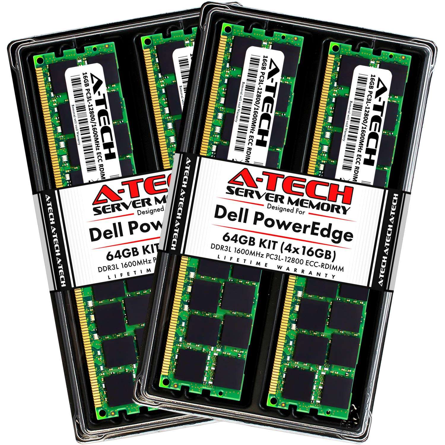 A-Tech 64GB (4x16GB) RAM for Dell PowerEdge R415, R515, R715, R815 Servers | DDR3 1600MHz ECC-RDIMM PC3L-12800 2Rx4 1.35V 240-Pin ECC Registered DIMM Server Memory Upgrade Kit 1