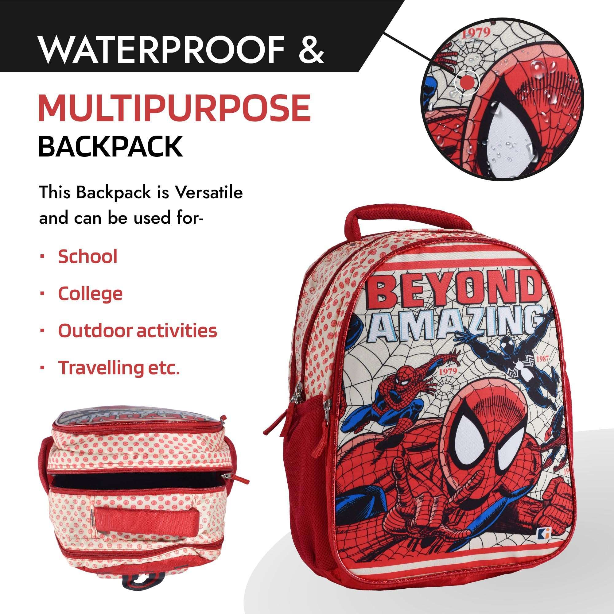 Heart Home School-College Bag | Marvel Spiderman Amazing Backpack for Boys and Girls | 4 Compartment Travel Backpack | Water Resistant Bookbag for Daily Routine | Laptop Bag | Large | Cream 6