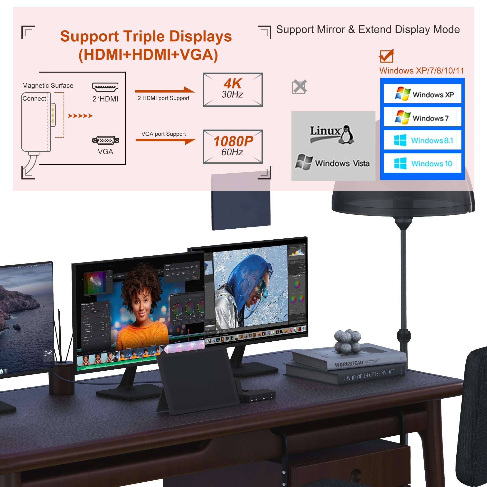 Microsoft Surface Dock, 12-in-1 Triple Displays Dual HDMI+VGA Surface Dock, Surface Docking Station for Surface Pro 11/10/9/8/X/7/6/5/4/3, Surface Book 3/2/1, Surface Laptop go/6/5/4/3/2/1 4