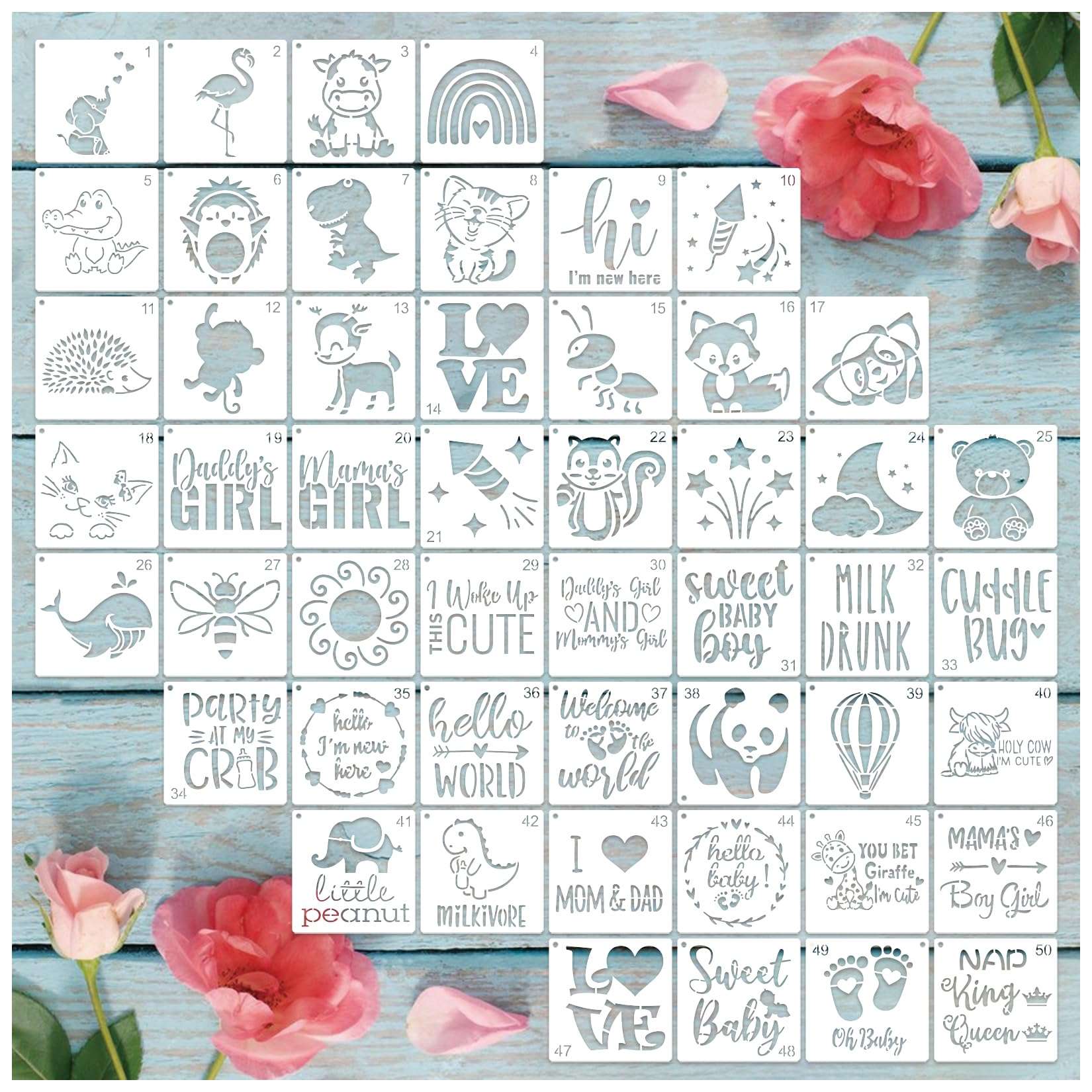 50Pcs Baby Shower Stencils for Painting Onesie Decorating Kit Fabric Stencil Reusable Templates for Painting on Onesies Shoes Bibs Clothes Cookie Bodysuit (50 pcs) 1