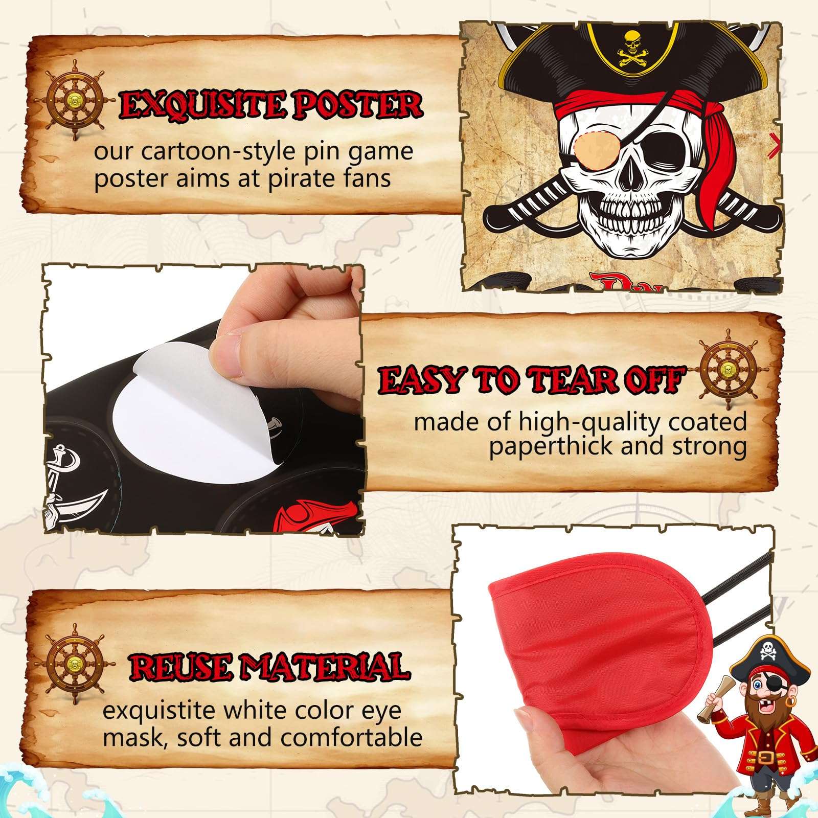 Faccito Pirate Party Games Pin The Eye Patch On The Pirates Birthday Party Decorations Pin The Pirate Include Pirate Poster 24 Sticker and Blindfold for Boys Girls Pirate Party Supplies Decoration 5