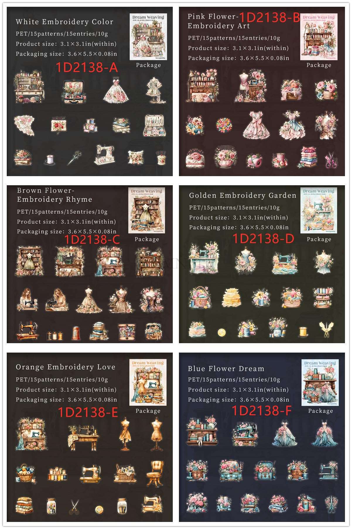 ZXMNBH 15 Pcs/Pack White Embroidery Color PET Stickers for Scrapbooking Kit Waterproof Clear Sticker Junk Journaling Supplies Journals Diary Planner Collage Laptop Paper Crafts 3