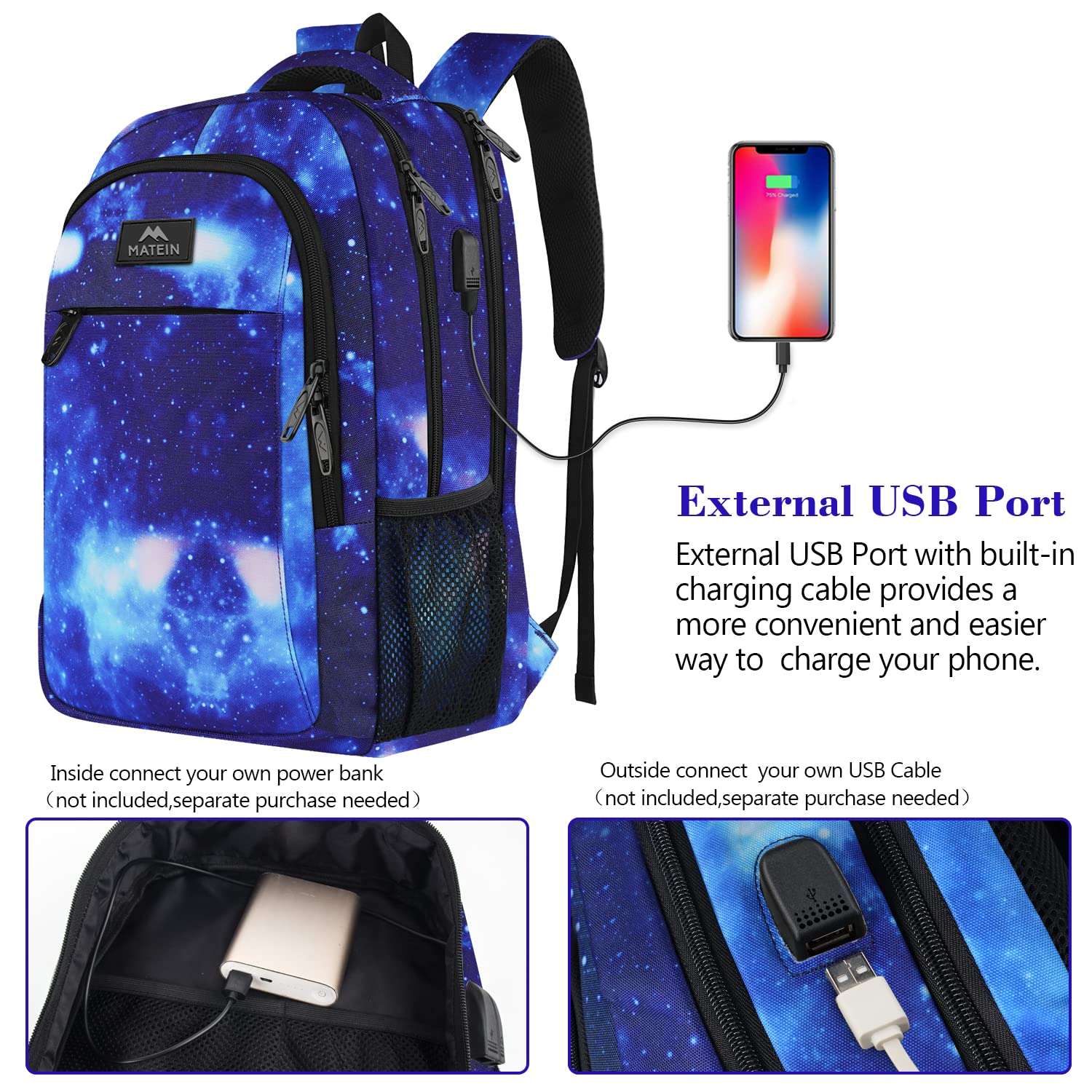 MATEIN School Backpack for Boys Girls, Anti Theft College School Laptop Bookbag for Students with USB Charging Port, Water Resistant Slim Travel Laptop Backpack Fits 15.6 In Computer Gifts for Men 3