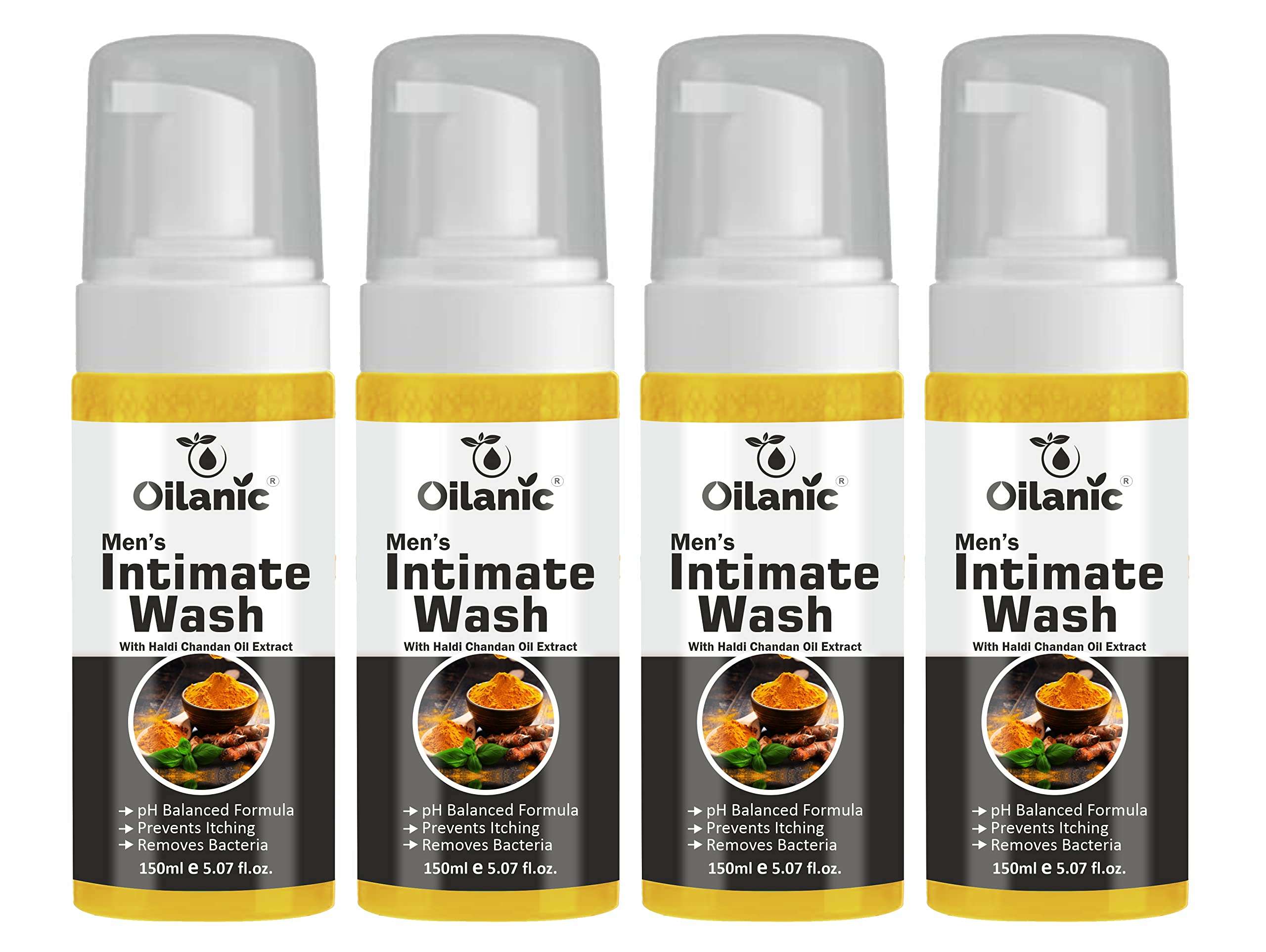 Oilanic Natural Men's Intimate Wash with Haldi Chandan Extract (Pack of 4, Each 150 ml)|pH-Balanced Hygiene Wash for Daily Freshness and Odor Control Gentle Cleanser for Sensitive Skin Chemical free