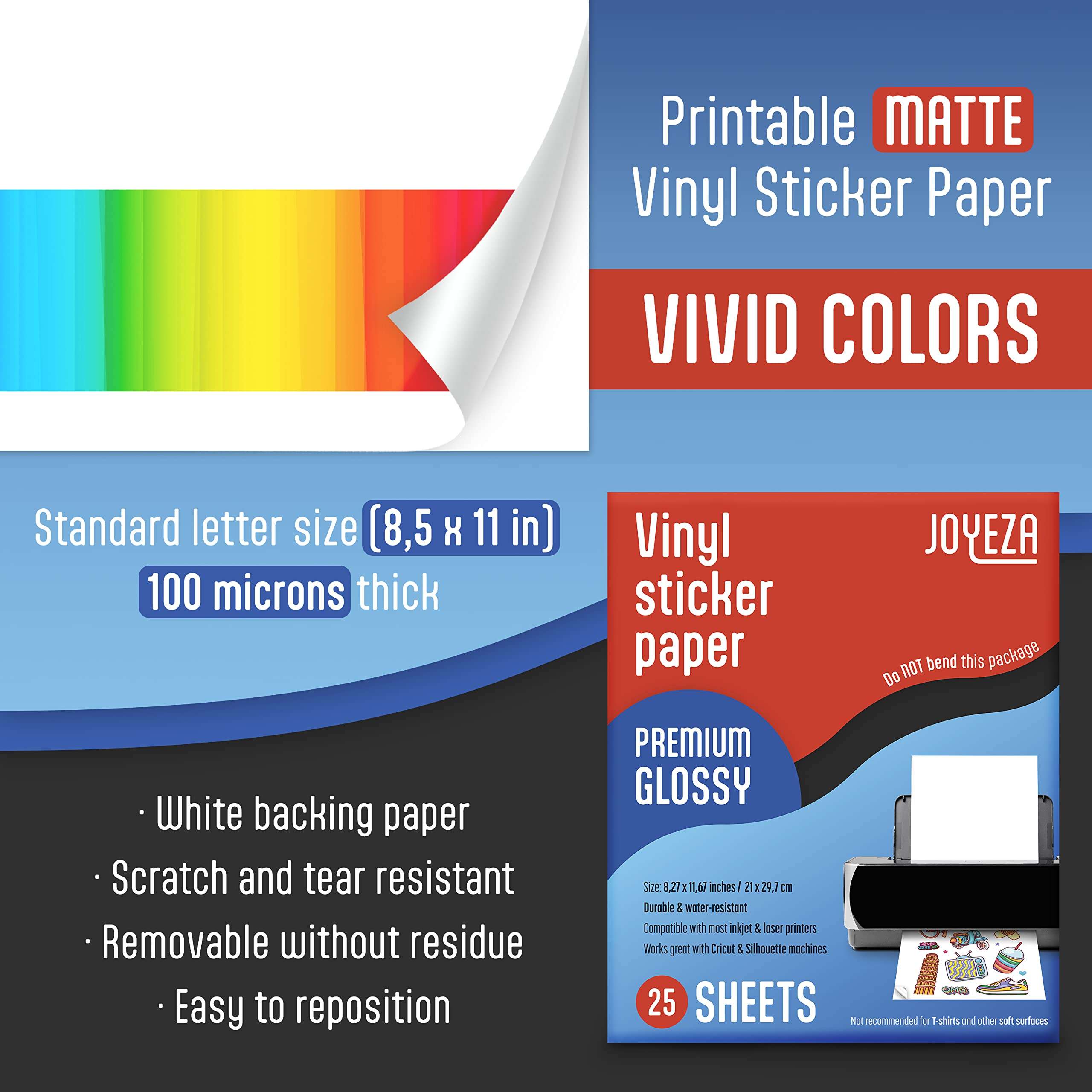 JOYEZA Premium Printable Vinyl Sticker Paper for Inkjet Printer - 25 Sheets Glossy White Waterproof, Dries Quickly Vivid Colors, Holds Ink Well - Inkjet & Laser Printer 2