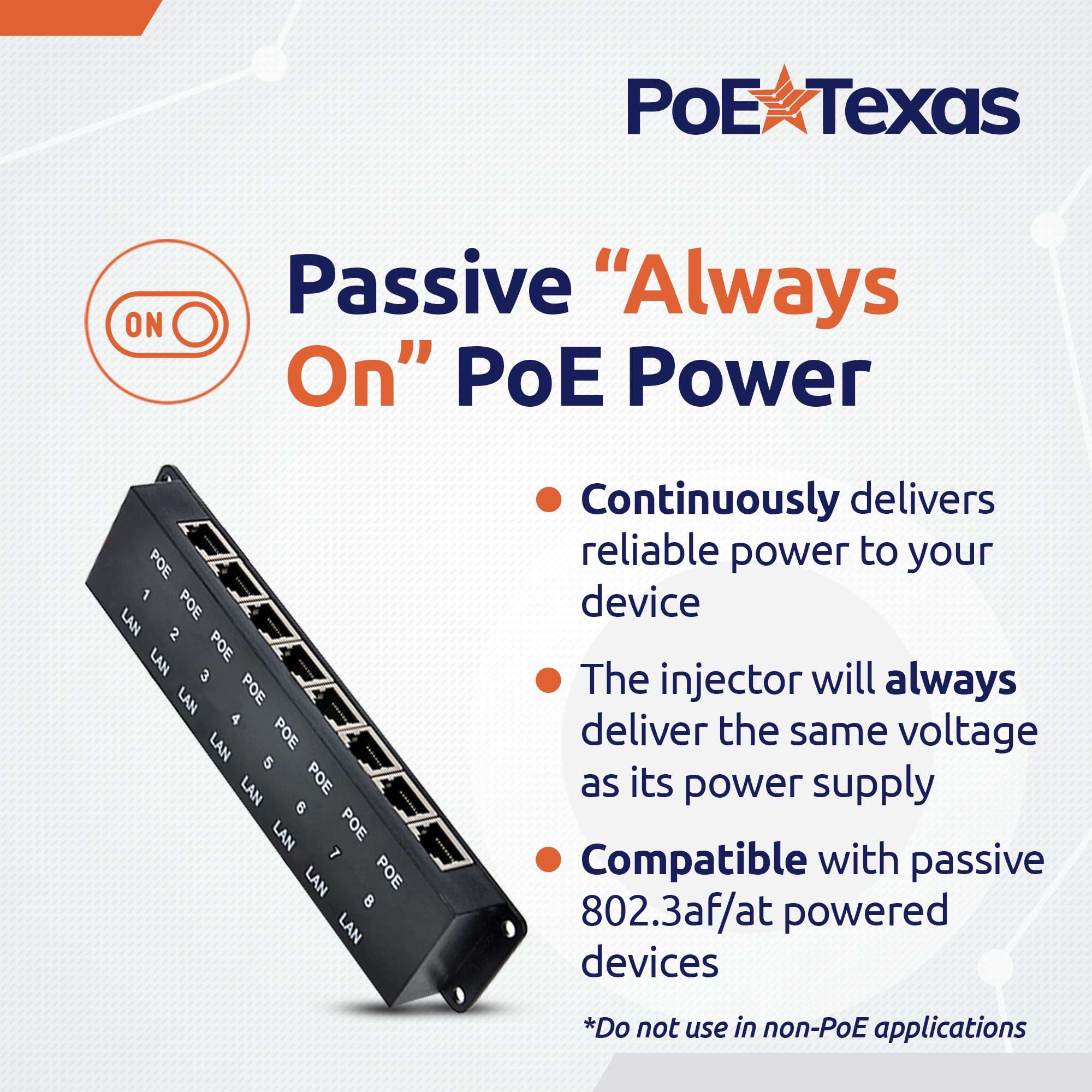 PoE Texas 8 Port Injector - 10/100 Passive Power Over Ethernet With 48V 60W UL Power Supply - 802.3af for VoIP Phones, WiFi Access Points, IP Cameras - Add to A Non-PoE Switch 5