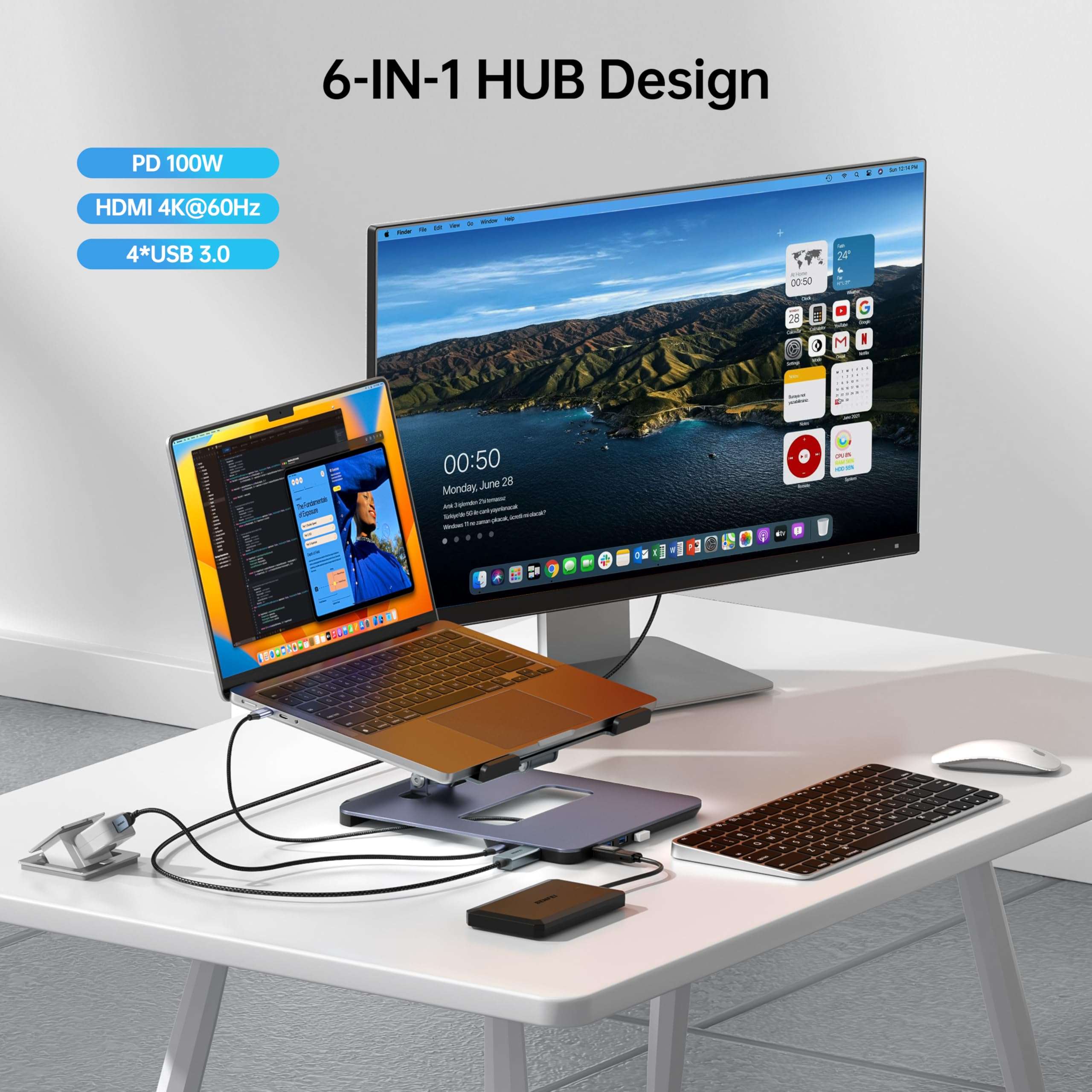 BENFEI Laptop Stand with USB C 6in1 Docking Station, HDMI 4K@60Hz, 4*USB3.0, 100W PD Compatible with MacBook Pro/Air, iPad Pro, XPS, Thinkpad 3