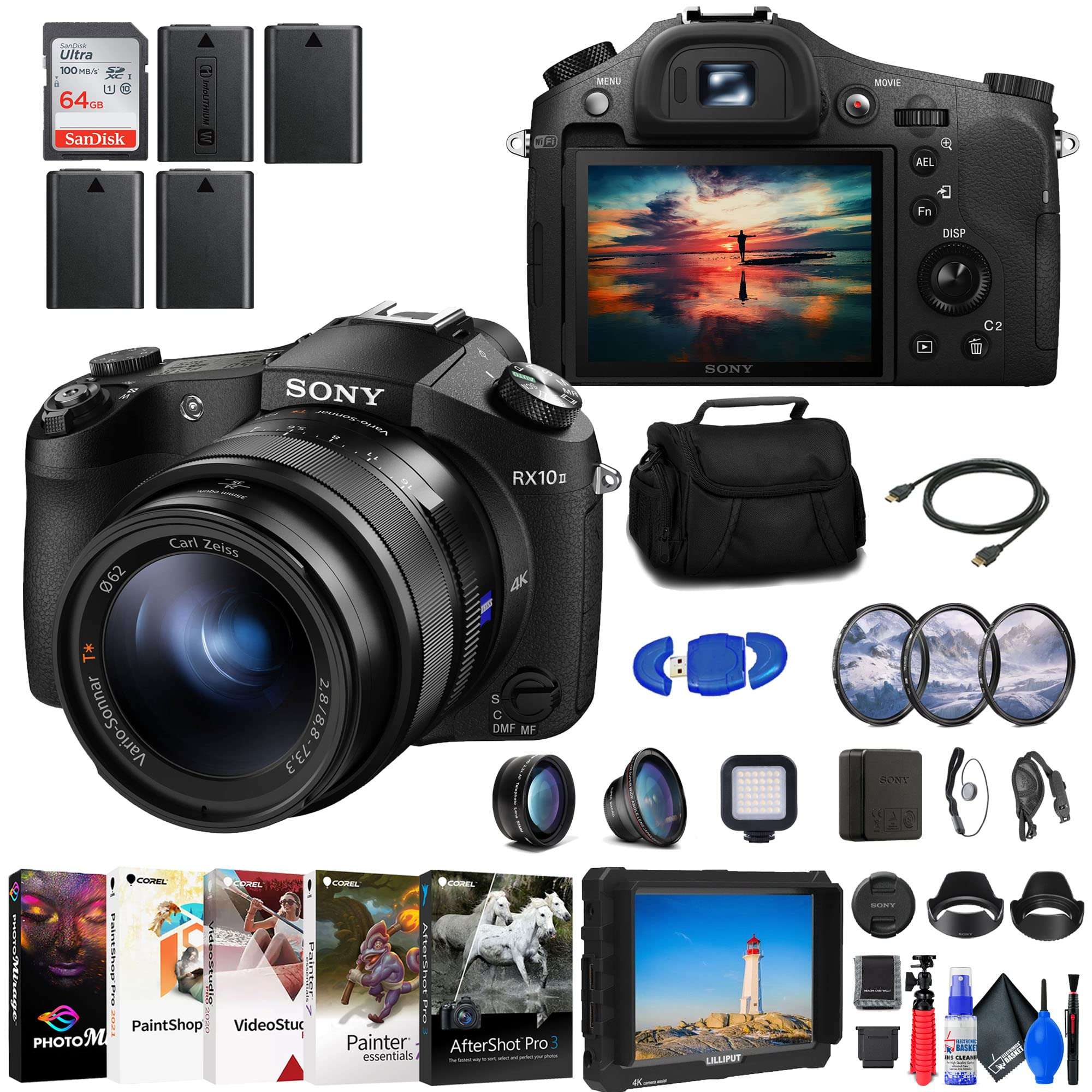 Sony Cyber-Shot DSC-RX10 II Digital Camera (DSCRX10M2/B) + 4K Monitor + Rode VideoMic + Filter Kit + Wide Angle Lens + Telephoto Lens + Lens Hood + 2 x 64GB Card + 3 x NPF-W50 Battery + More