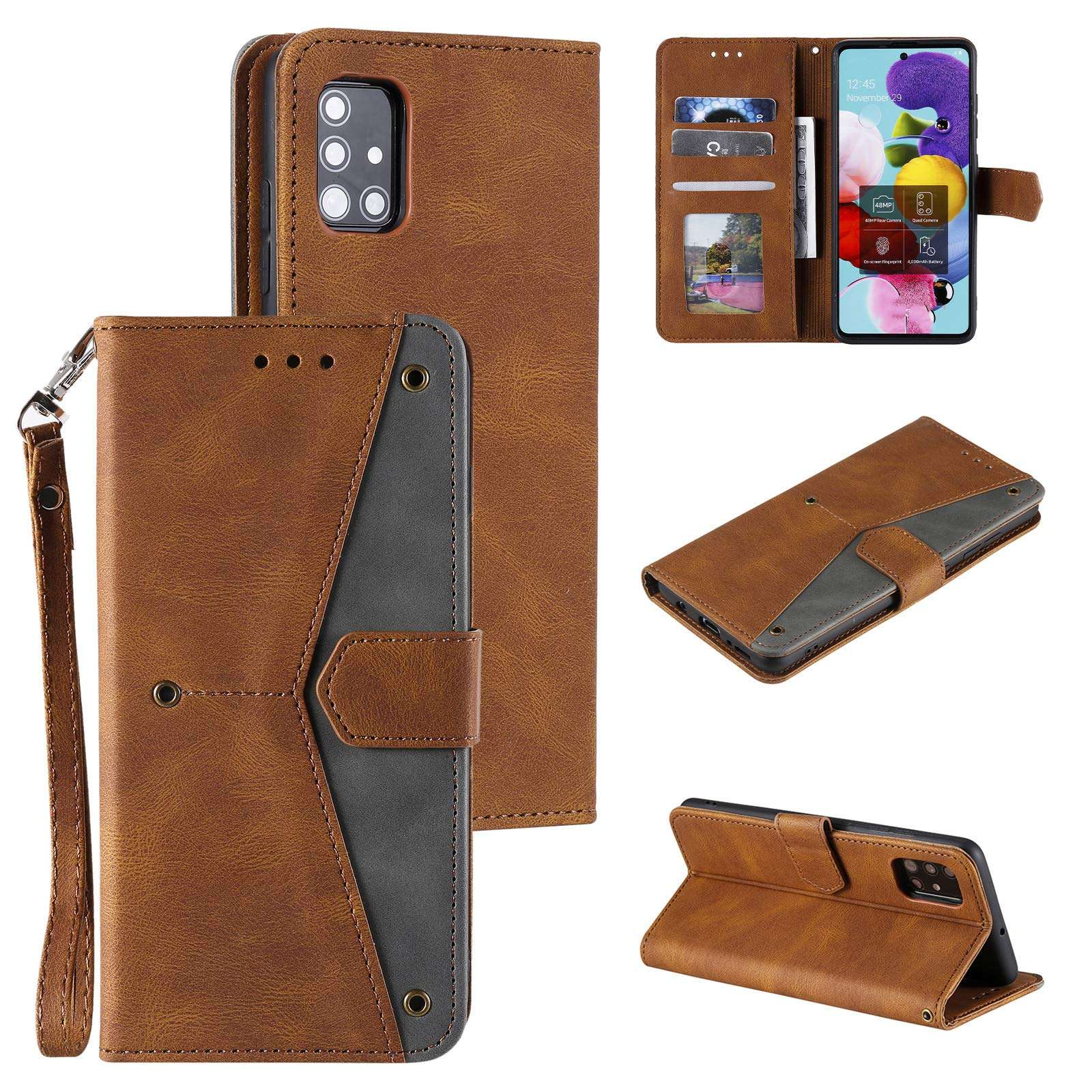 EYZUTAK Splicing PU Leather Case for Samsung Galaxy A51, Retro Vintage Durable Full Protection Premium Flip Folio Wallet Cover with Magnetic Closure Kickstand Card Slots - Brown 1