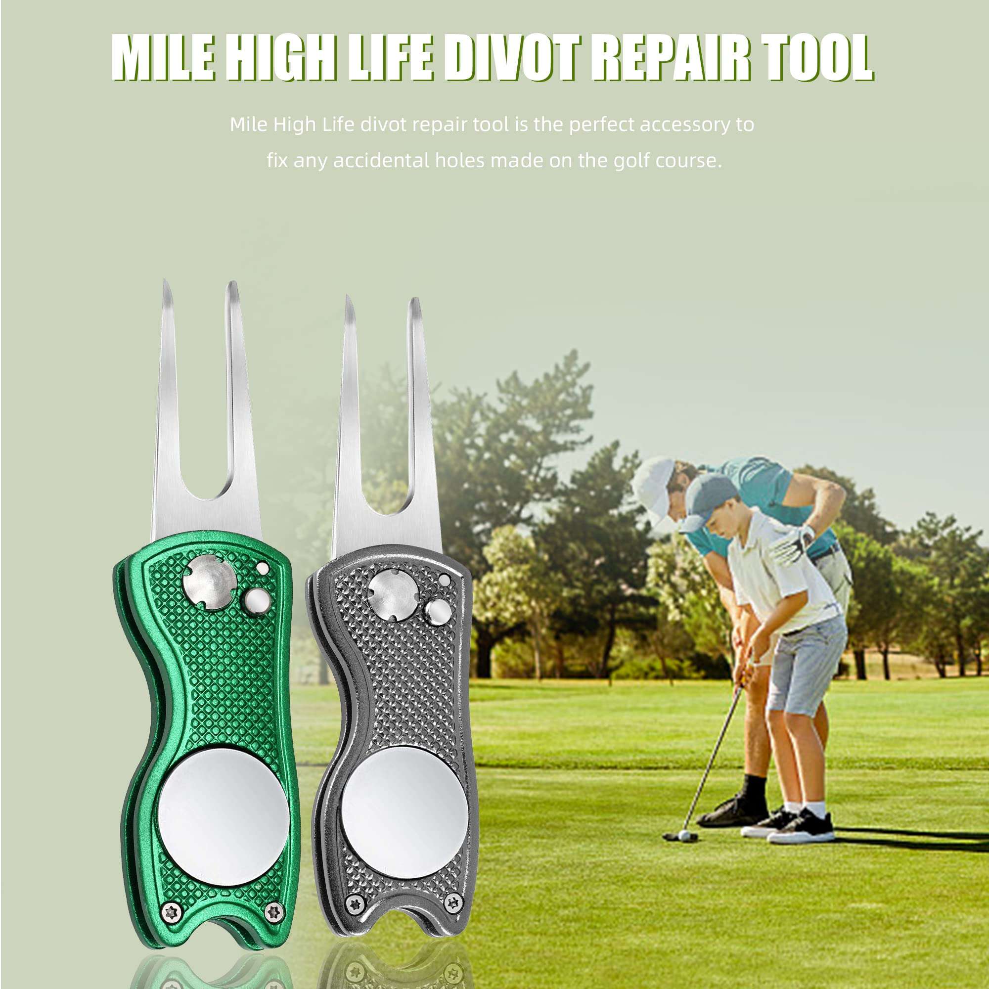 Mile High Life 2 Pieces Golf Divot Repair Tool w Magnetic Golf Ball Marker | All Metal Foldable Divot Tool w Pop-up Button | Golf Club Holder | Golf Accessories for Men (Green,Grey) 6