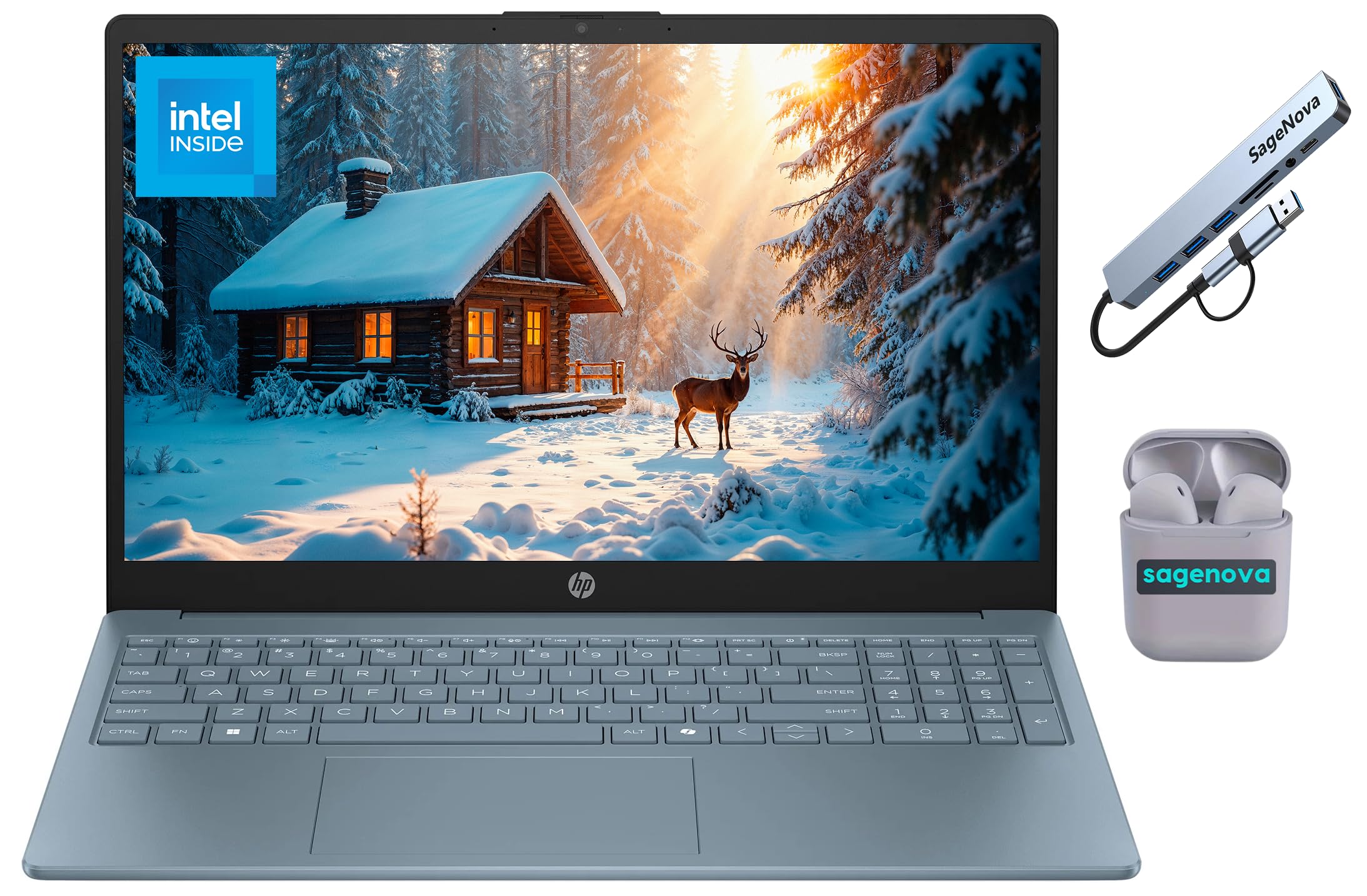 HP 15.6" Business Laptop Computer with Microsoft 365, 32GB RAM 640GB Storage (128GB SSD + 512GB Docking Station Set), Windows 11, Intel N200, SageNova Earphones, Moonlight Blue