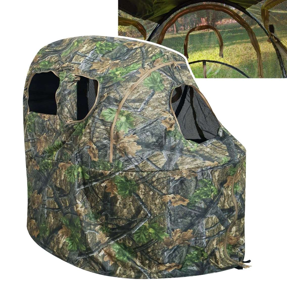 AUSCAMOTEK See-Through Hunting Ground Blind with Built-in Chair for Deer Hunting - 1 Person Pop-Up Camouflage Tent