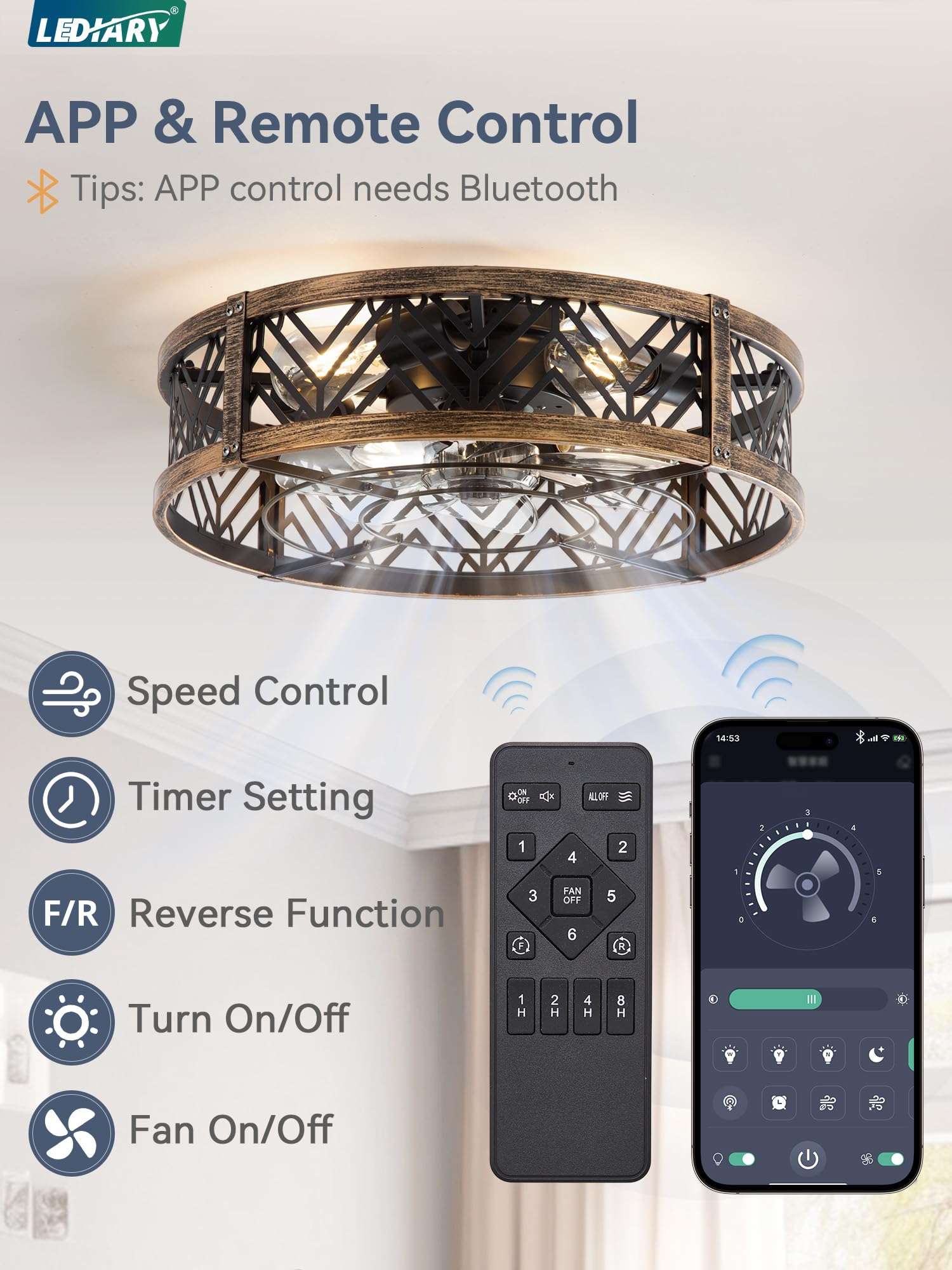 LEDIARY 20" Caged Ceiling Fan with Light, Small Flush Mount, App&Remote Control, Low Profile Bladeless Fan Light Fixture 6 Speed, Reversible and Quiet Motor-Black Gold 3