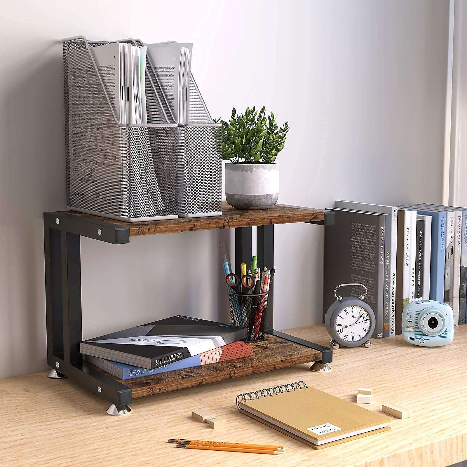 OROPY Vintage Printer Stand with 2 Tier Wood Storage Shelves, Multi-Purpose Desk Organizer for Fax Machine, Scanner, Files, Books with Adjustable Anti-Skid Feet 2