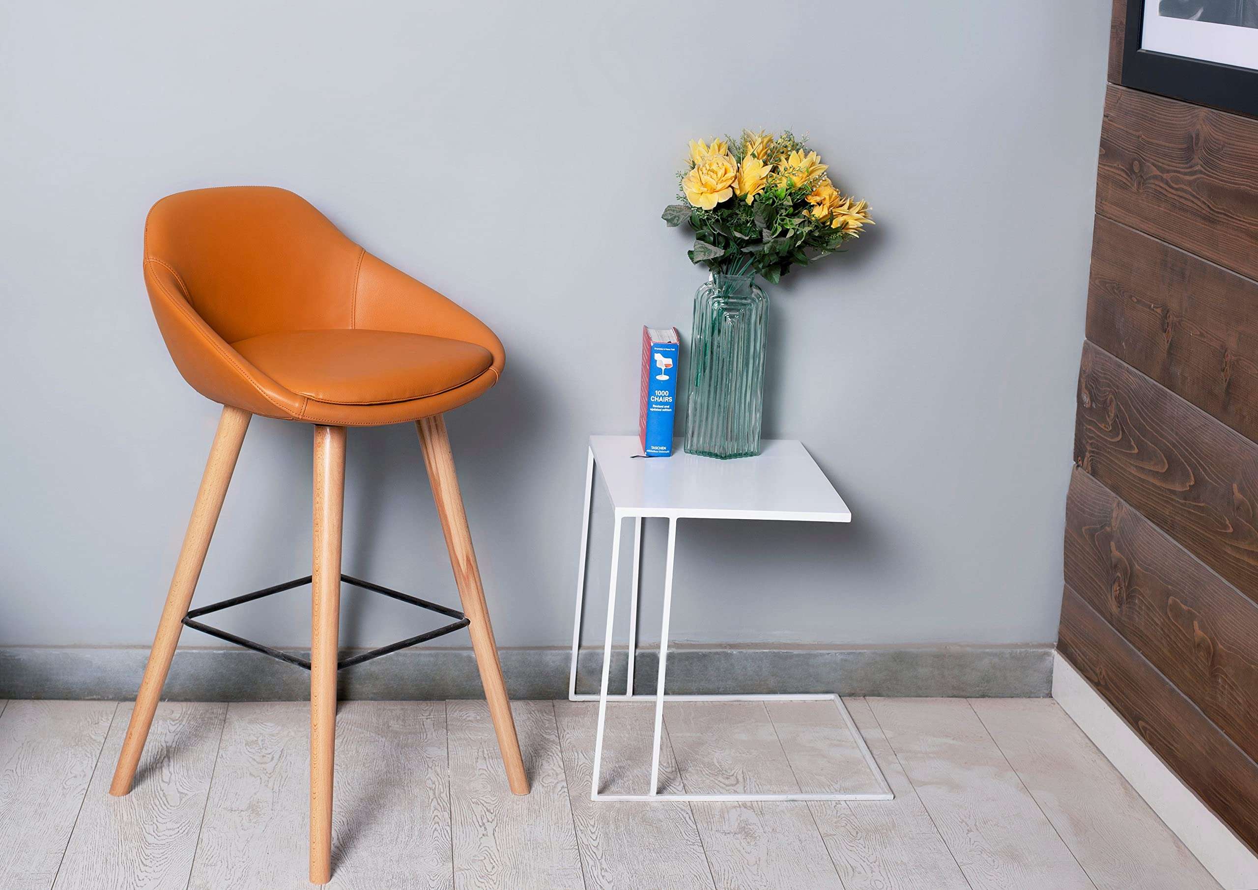 PFEDA - PU (Polyurethane) Moulded Leatherette Bar Stool Chair with Wooden Legs in Orange 3
