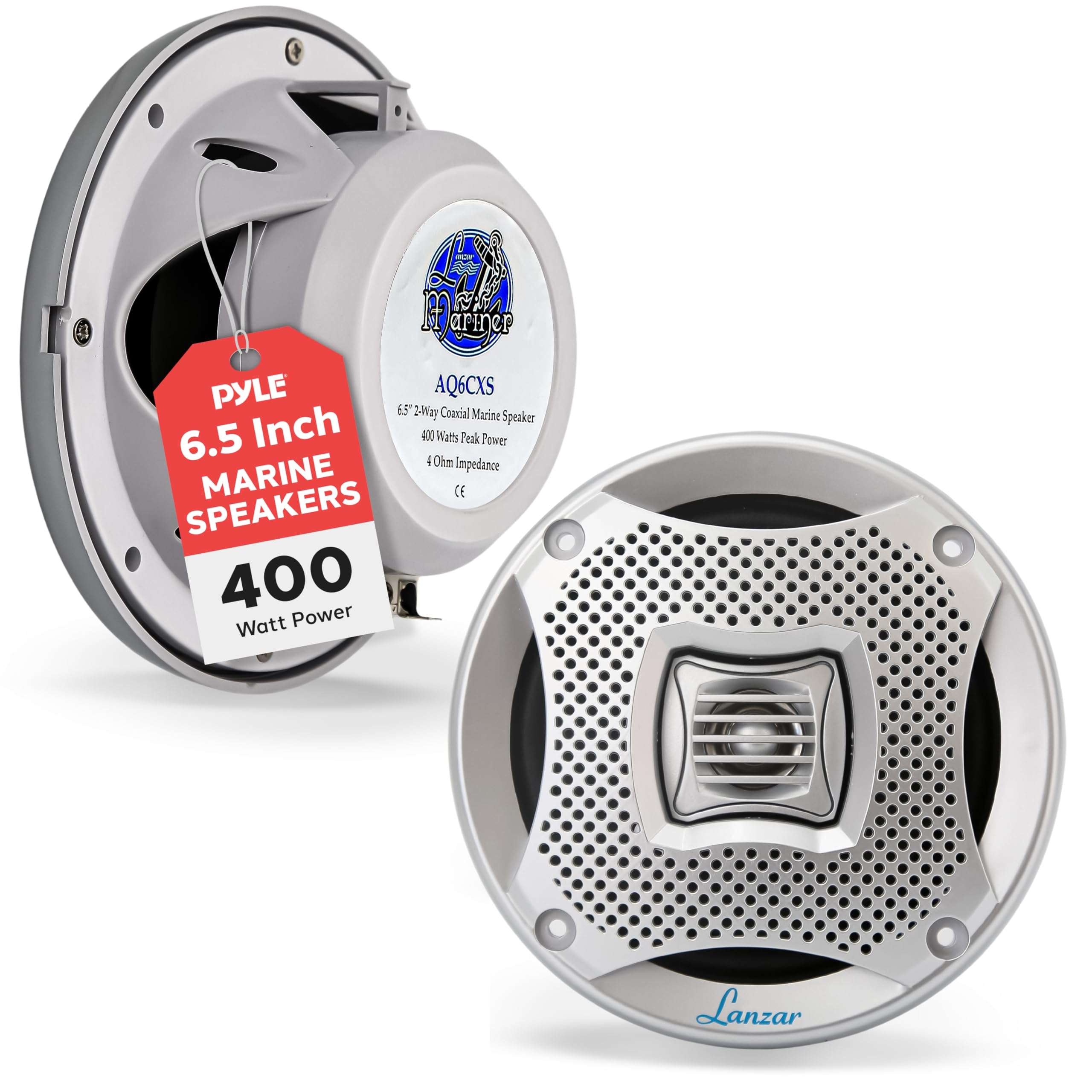 Lanzar 6.5 Inch Marine Speakers - 2-Way 400W Water-Resistant Stereo Sound System, UV-Coated Resin Treatment, Grilles for Indoor and Outdoor Use, Ideal for Boats, Pool, or Marine Craft (Set of 2) 1